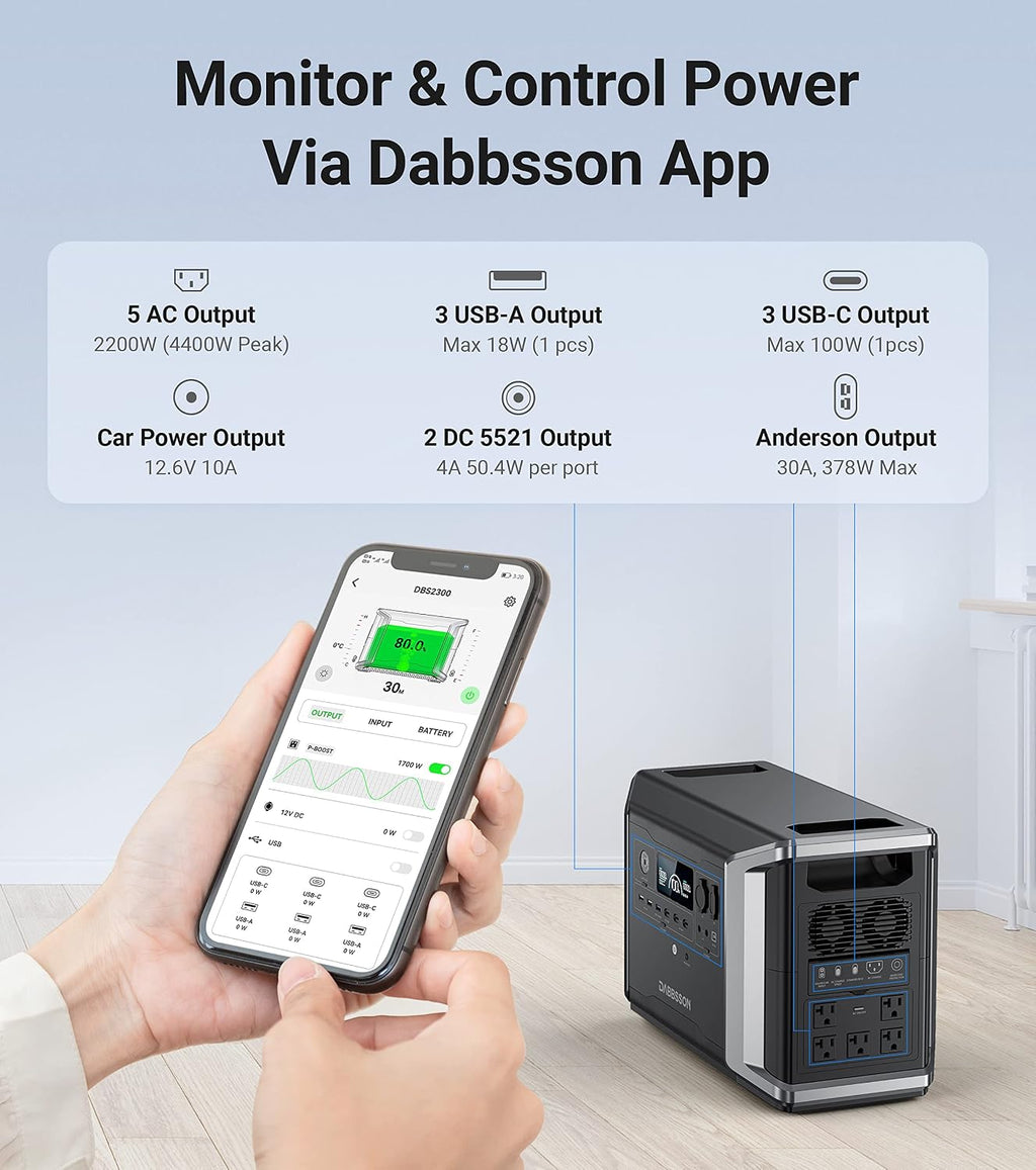 Dabbsson DBS2300 Portable Power Station with 210W Solar Panel, 2330Wh EV Semi-Solid State LiFePO4 Battery, 5 X 2200W AC Outlets (3000W with P-Boost), Solar Generator for Outdoor,Home Backup,Camping