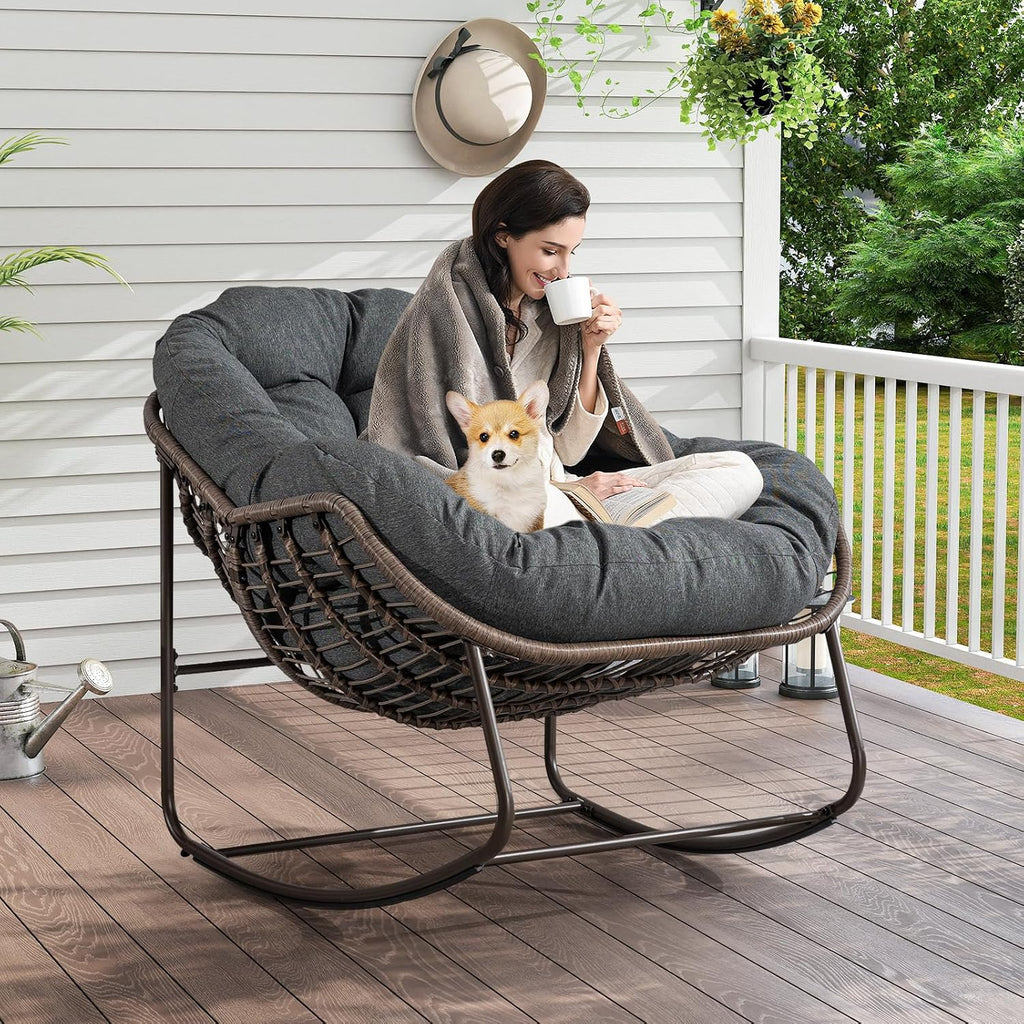 Deolme Large Papasan Rocking Chair with Cushion, Oversized Comfy Reading Chair Lounging Indoor Outdoor Rocker for Front Porch Backyard Bedroom Living Room Egg Chair Rattan (Dark Grey)