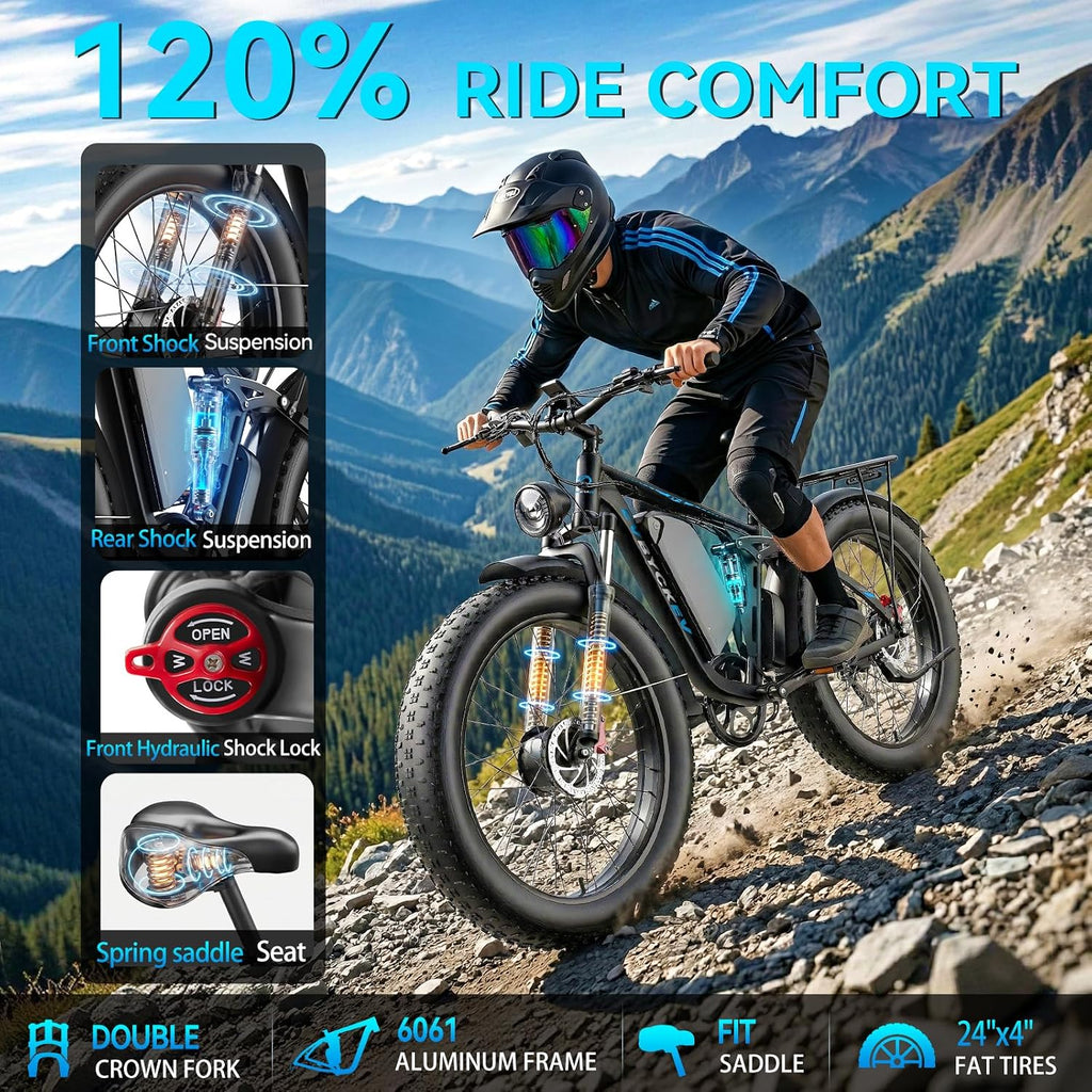 9000W Peak Electric Bike for Adults,58V Max-Output 1972Wh Dual Motor Ebike,47MPH 105Miles Range,24' x4.0 Fat Tire Hydraulic Disc Brake Full Suspension E-Bike for Mountain Snow Commuter