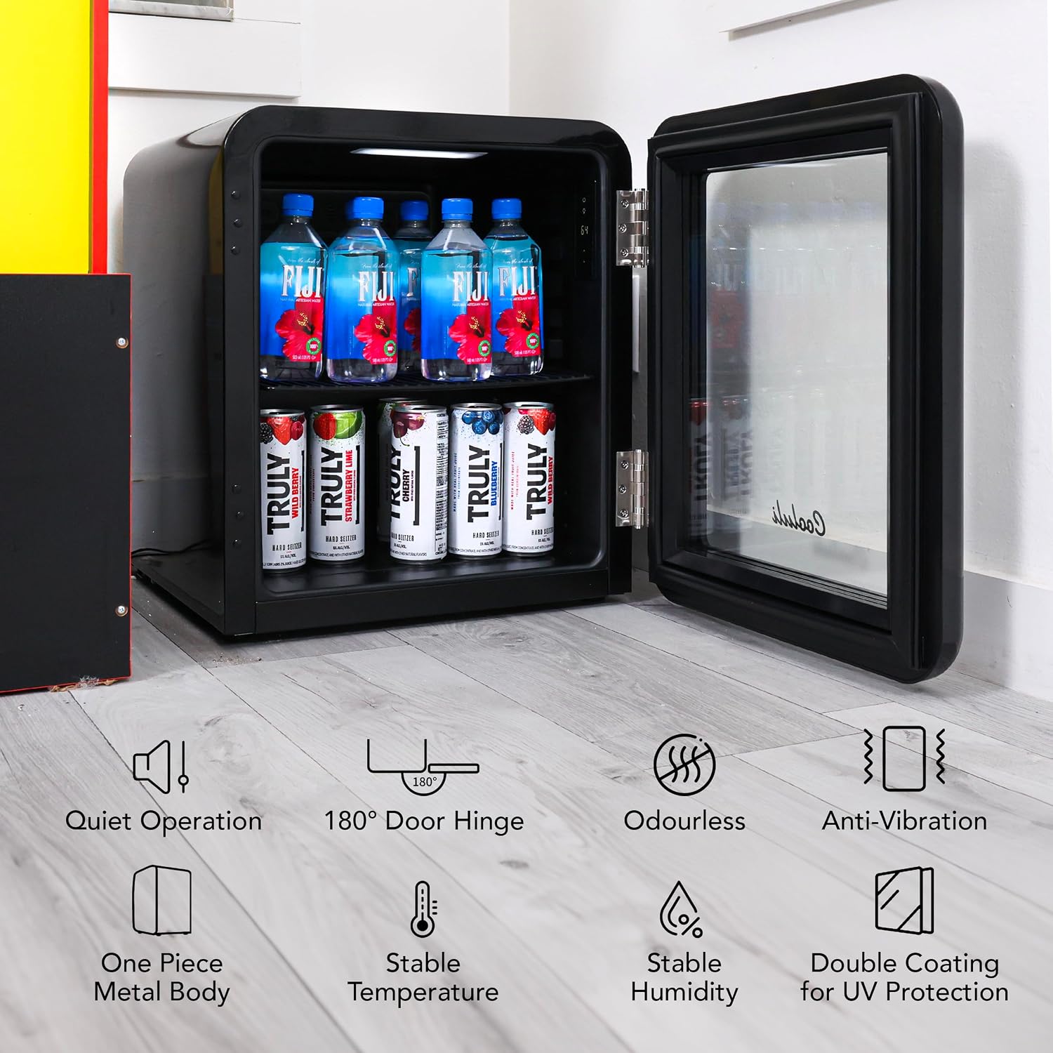Cooluli Decor 1.7 cu ft Compact Mini Fridge with Glass Door - Small Refrigerator for Bedroom, Office, Dorm - Ideal for Soda Drinks, Beer (Black)