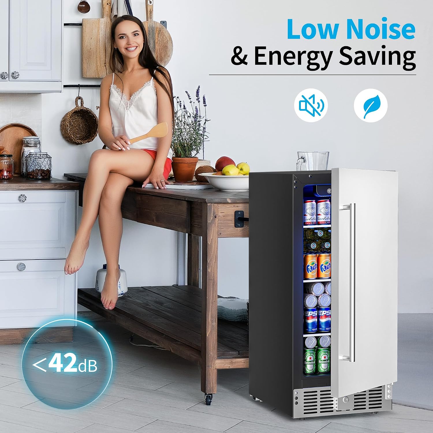 Feelfunn 15 Inch Undercounter Beverage Refrigerator - 126 Cans Beverage Fridge with Stainless Steel Door for Beer Wine Soda - Built-in or Freestanding Wine Cooler for Home Kitchen Bar