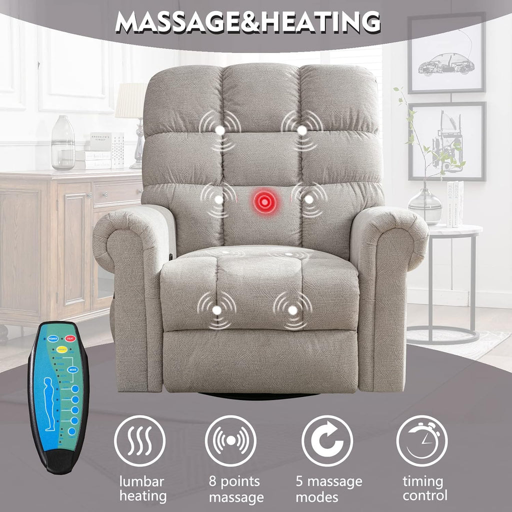 ANJ 360°Swivel Rocker Recliner Chair with Massage and Heat, Manual Overstuffed Oversized Swivel Recliners for Big Man, Large Glider Rocking Reclining Chairs for Nursery, Living Room, Beige