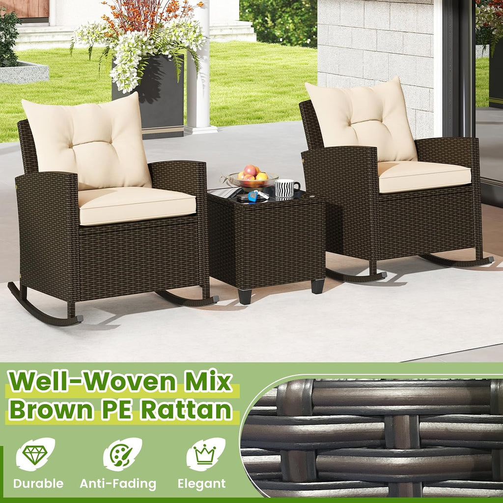 KOTEK 3 Piece Patio Furniture Rocking Bistro Set, Wicker Outdoor Rocking Chairs & Glass Table, PE Rattan Conversation Set for Porch, Balcony, Deck, Poolside (Mix Brown- Beige)