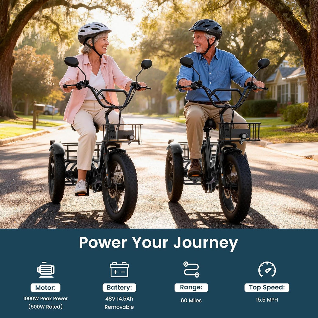 MOONCOOL 500W 4' Fat Tire Electric Tricycle for Adults, 48V 14.5Ah All-Terrain Aluminum 20' E-Trike, Front Suspension, 7-Speed, 400lbs Max Payload