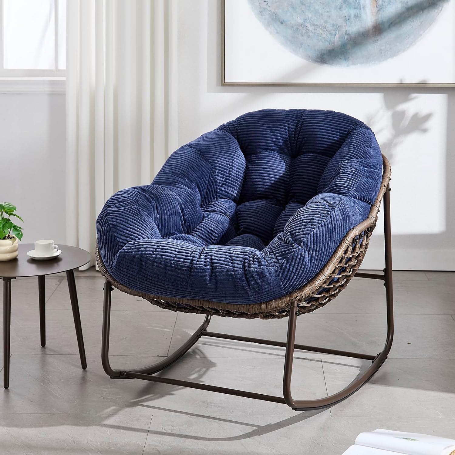 Rattan Rocking Chair for Indoor Outdoor Patio Oversized Wicker Egg Chair with Steel Frame Corduroy Padded Cushion Rocker Recliner Chair Comfy Lounger Papasan Chair for Living Room Garden, Navy Blue