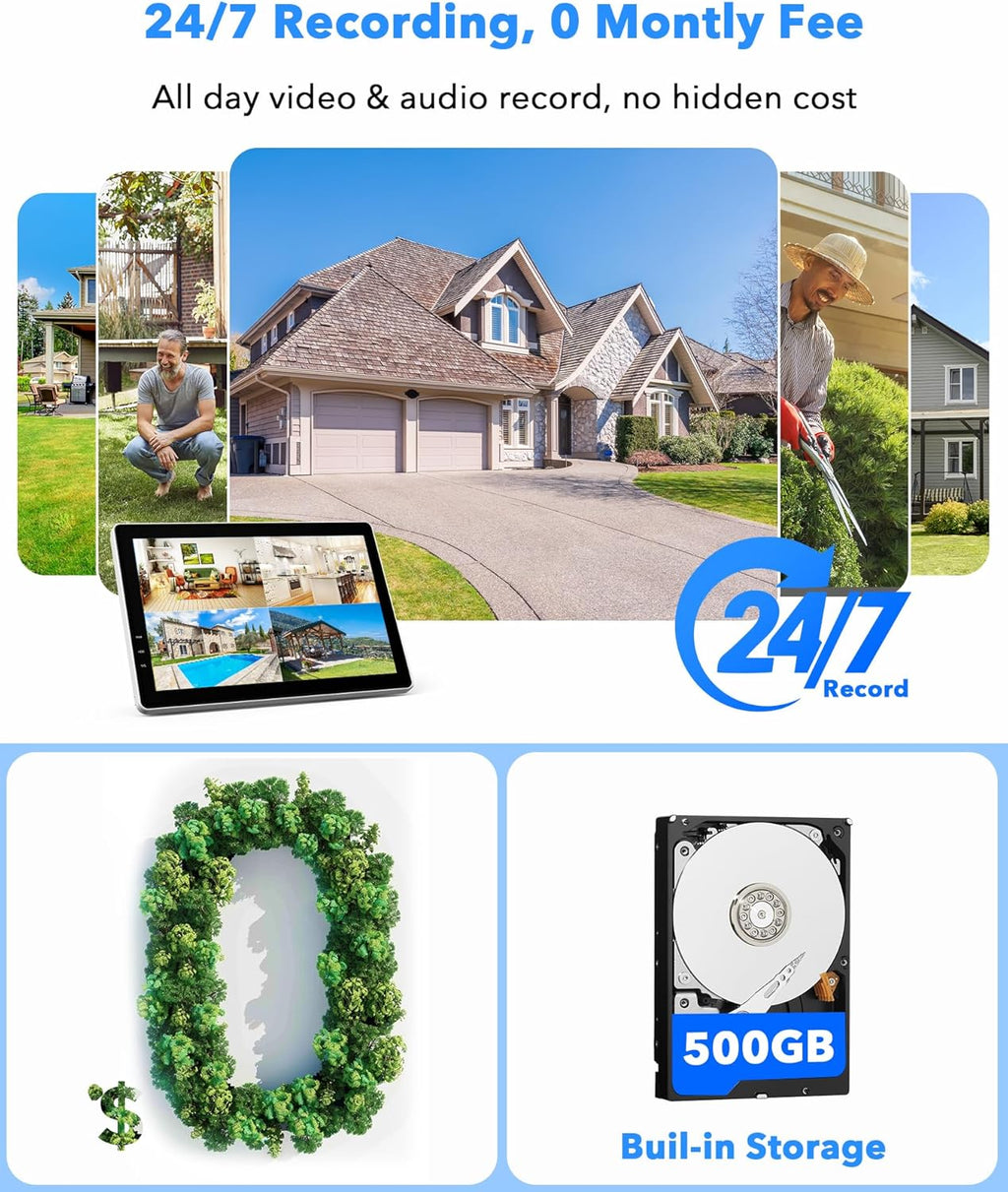 CAMCAMP Wireless Security Camera System with 10.1' Monitor, Dual Lens PTZ CCTV Camera Security System, 10CH Expandable 4K NVR,Auto Tracking, No Subscription for Outdoor Indoor, 5G & 2.4G WiFi