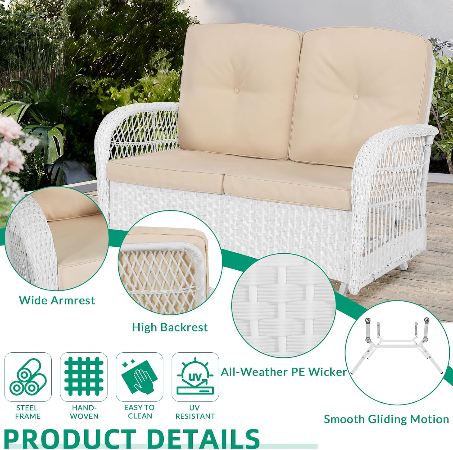 VIVIJASON 4-Piece Outdoor Patio White Wicker Conversation Sets, All Weather Rattan Furniture Set Includes Glider Loveseat, Coffee Table, 2 Glider Rocker Chairs w/Cushion for Lawn Balcony, Beige