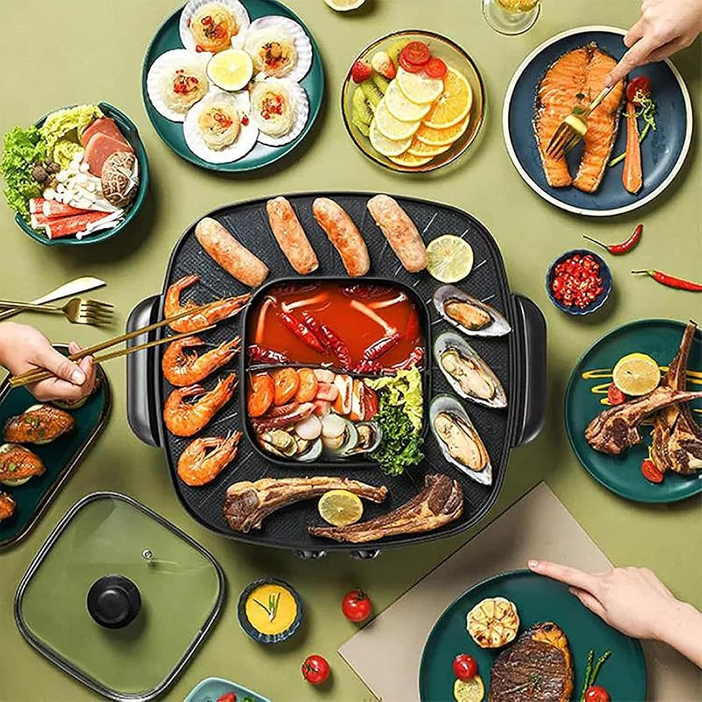 Medium Household Electric Hot Pot with Grill, Soup Pot and Korean BBQ, Non-stick Coating, Easy to Clean, For 2-4 People to Enjoy, 1600 W