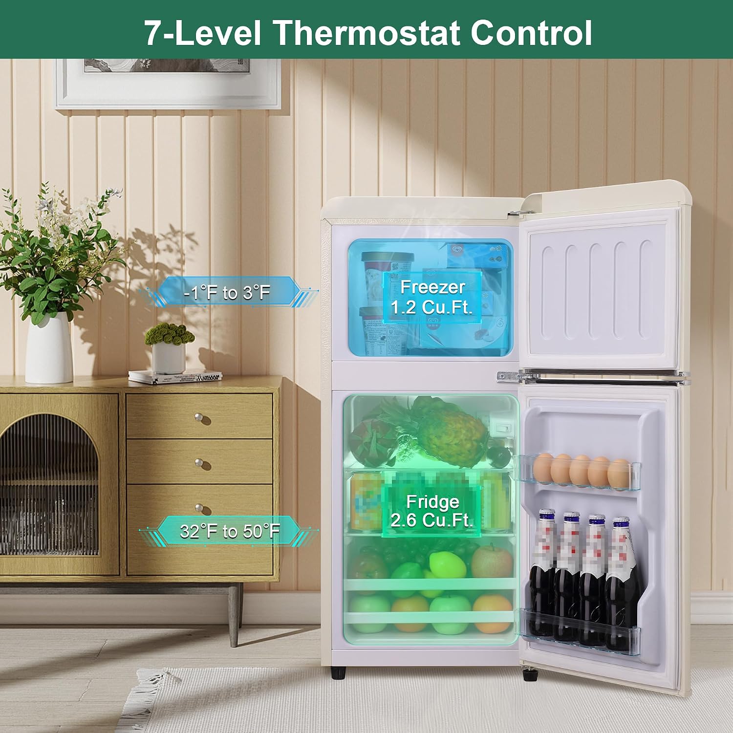 Retro Mini Fridge with Freezer 4.0 Cu. Ft, Small Refrigerator with 7 Level Adjustable Thermostat, Compact Classic Dual Door Fridge Removable Glass Shelves for Apartments, Dorm, Office, Cream