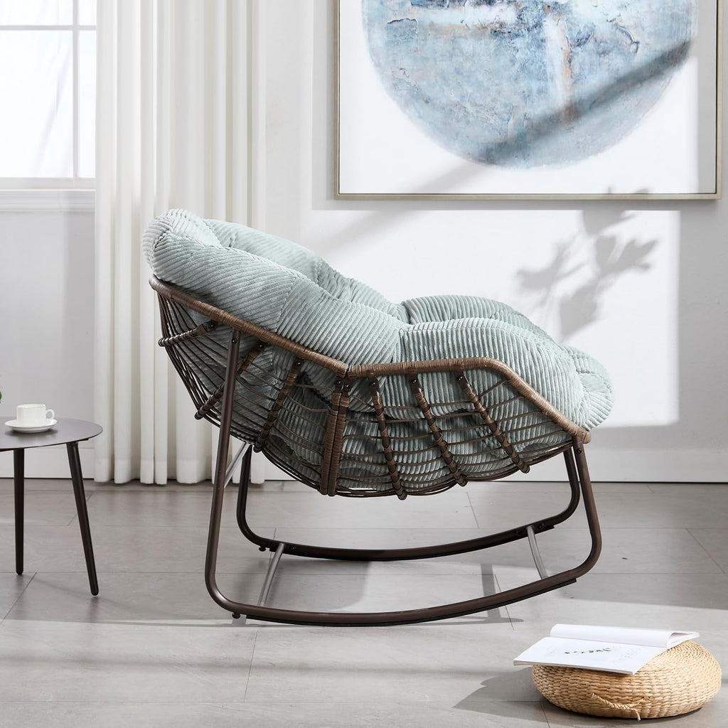 Ball & Cast Outdoor Patio Rocking Chair,Oversized Papasan Egg Chair with E-Coated,Padded Cushion,Recliner Chair for FIndoor, Ront Porch, Garden, Patio, Backyard,Light Green