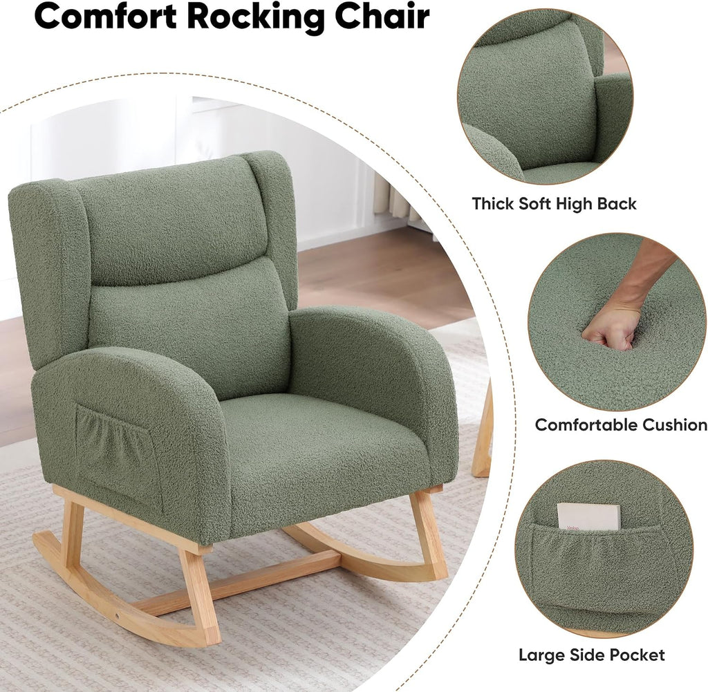 HCHAIRH Nursery Rocking Chair,Wingback Nursery Rocking Chairs,Nursing Glider Rocker Chair with High Back for Living Room Bedroom(Teddy Green)