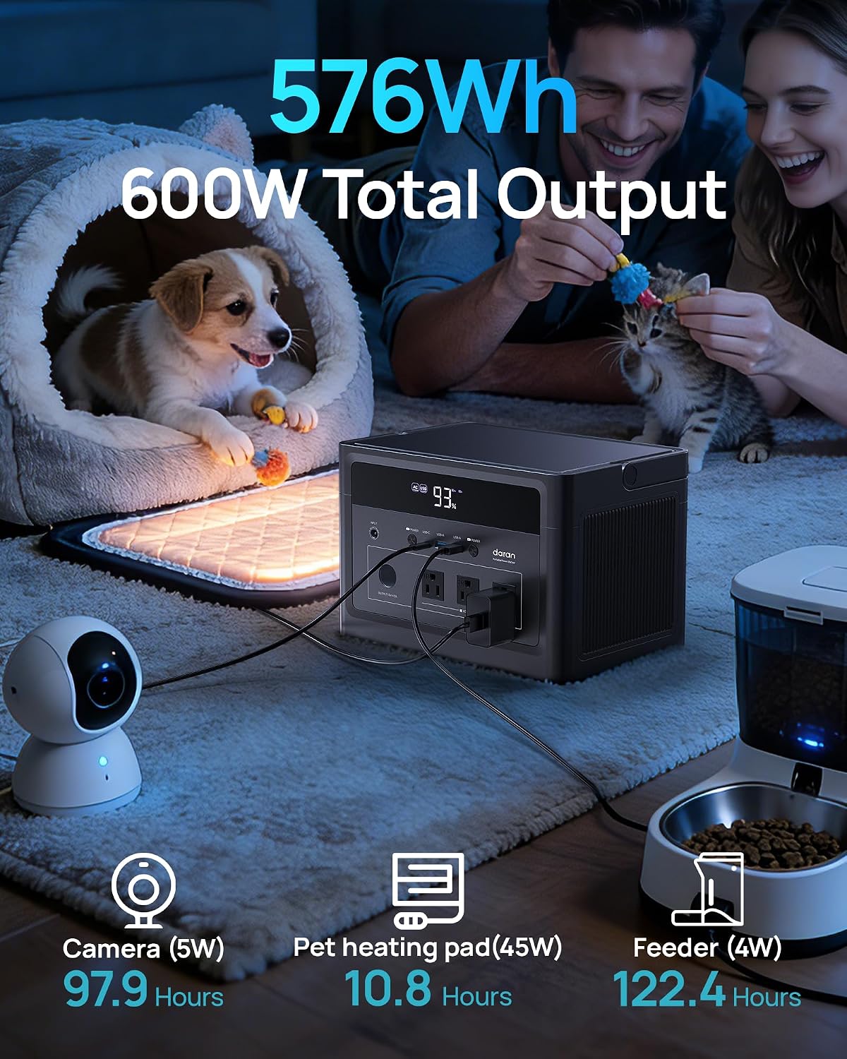 DaranEner 600W Portable Power Station (1200W Peak), 576Wh LiFePO4 Battery Solar Generator for Home Use, 3.3H Fast Charging, Emergency Backup for Camping, CPAP, Road Trip (Solar Panel Optional)