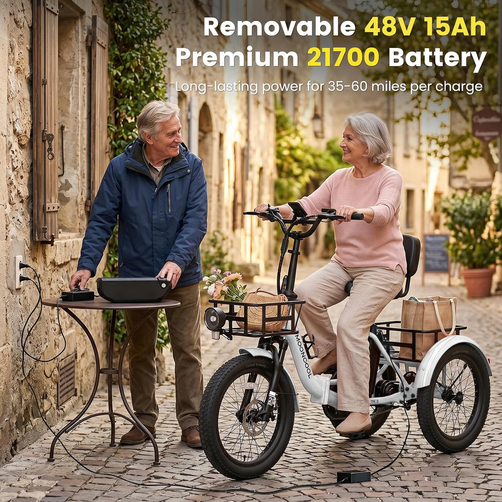 MOONCOOL Foldable Electric Tricycle for Adults, 20' Aluminum Etrike Fat Tire, Rated 500W 48V 15Ah Rear Differential, Front Suspension, 15.5MPH, 450LBS Payload, 95% Pre-Assembled
