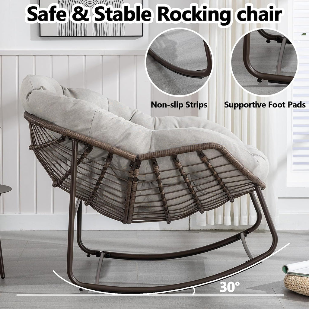 HRVEOCEI Papasan Rocking Chair with Cushion and Frame, Oversized Rocking Chair Indoor/Outdoor, Circle Chairs for Patio Garden Front Porch, Corduroy/Velvet (Beige)