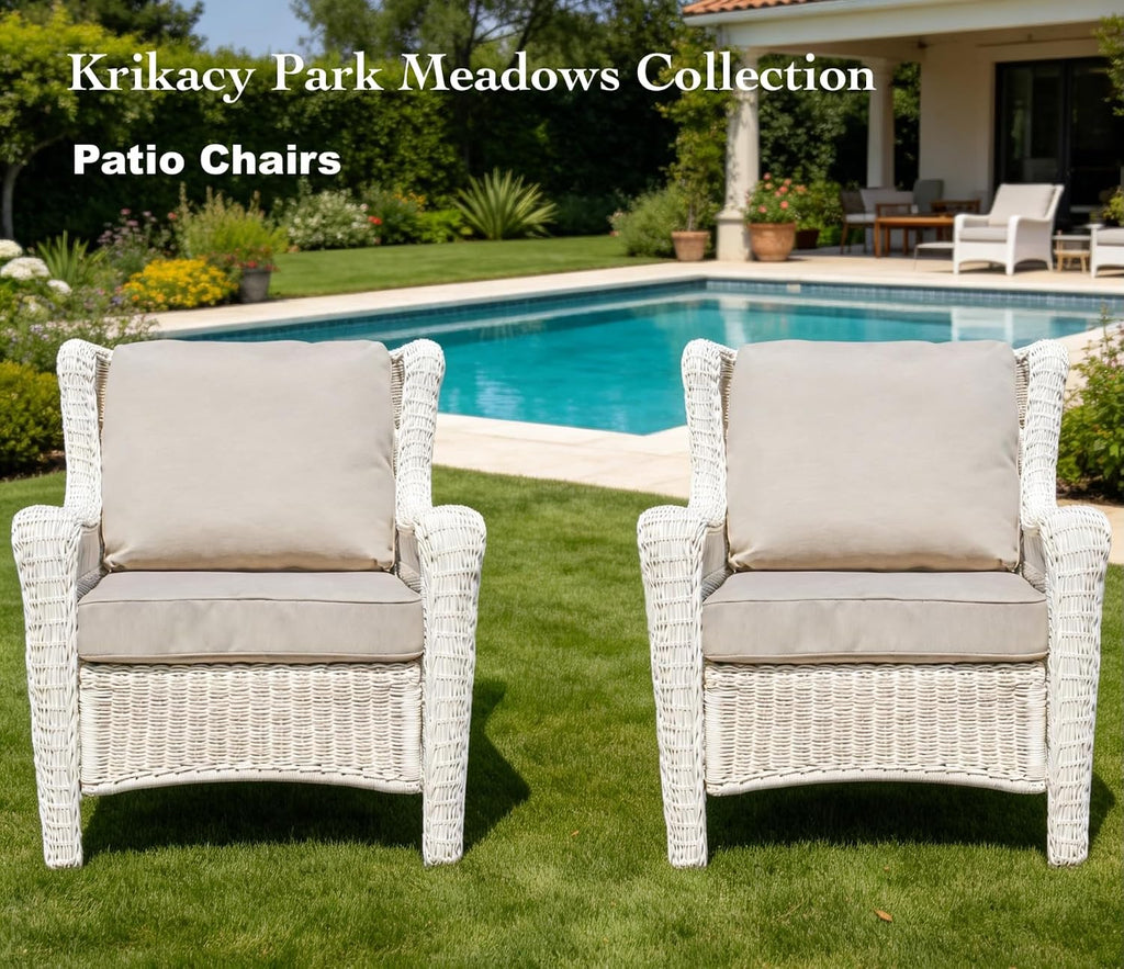 Park Meadow Outdoor Patio Wicker Armchairs Set of 2, All-Weather HDPE Rattan Chairs with Polyester Fabric Beige Cushions for Garden Porch Backyard Porch Lawn (Taupe Beige/Off-White)