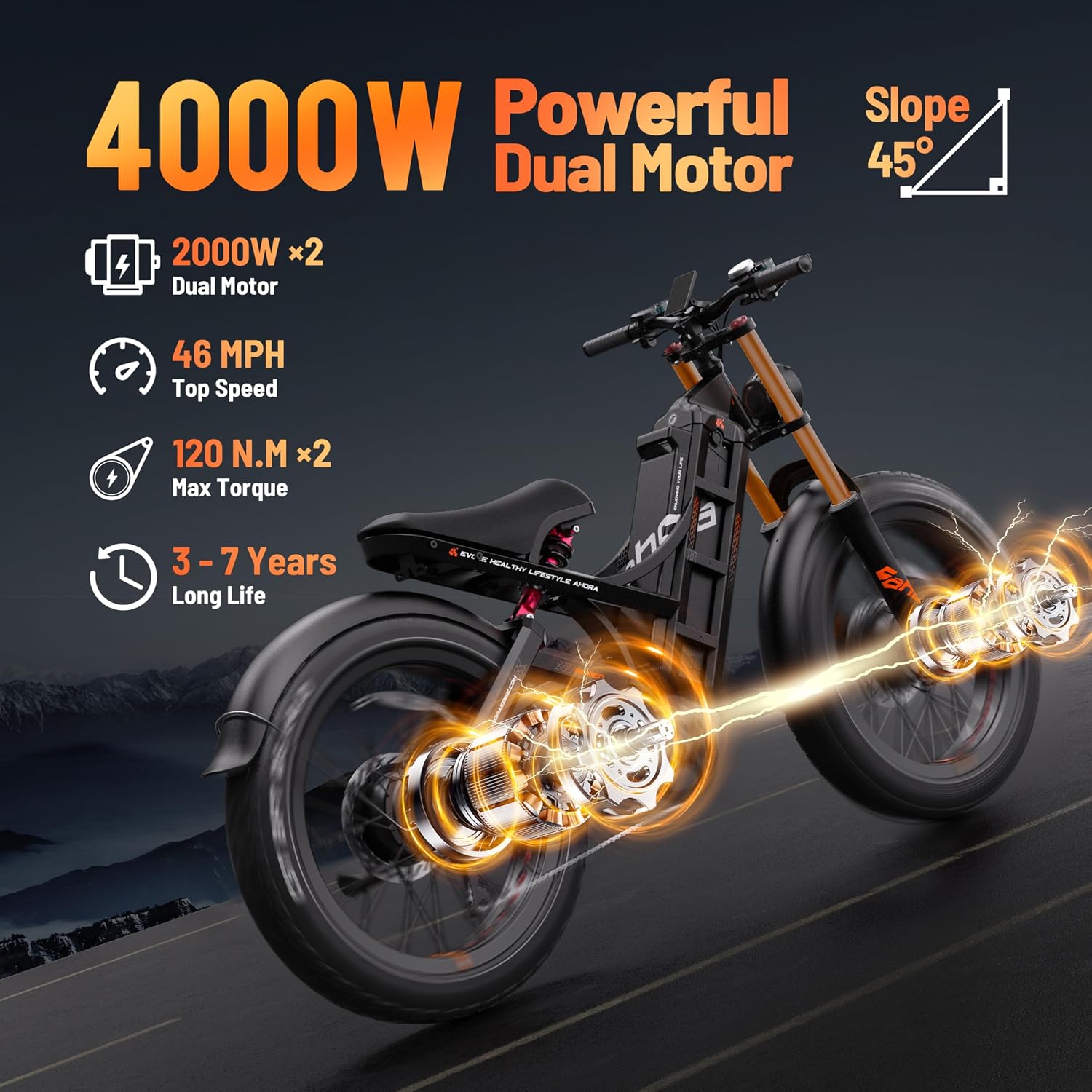 eAhora 2026 Romeo Pro 3/2 50-46Mph Electric Bike for Adults 5600W/4000W/2500W Dual Motor Ebike 60V/80Ah 52V/70Ah Long Range Fat Tire Full Suspension Electric Mountain Bicycle