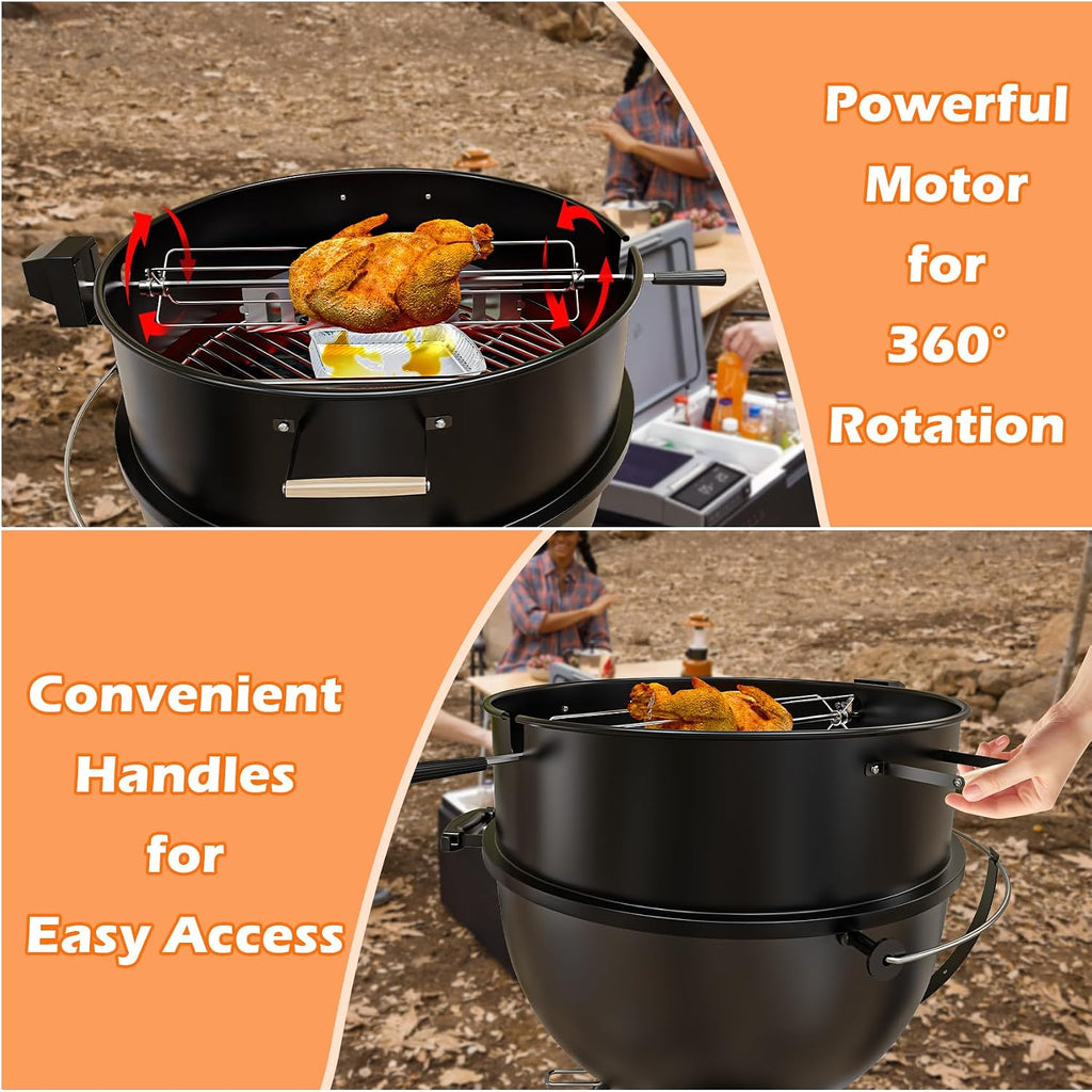 Upgraded Rotisserie Kit for Weber 22 inch Kettle Charcoal Grills Accessories, Rotisserie Grill Kit for Weber & Other Similar Size Grills, with Handles, Charcoal Baskets,10 Pcs Drip Pans, Black