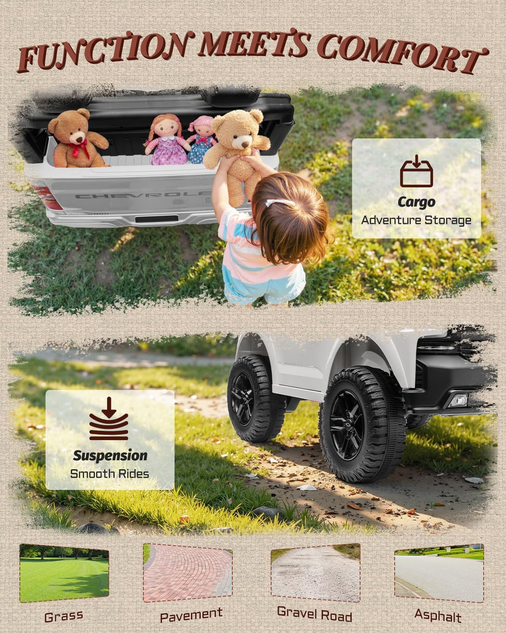 First Ride On 24V 2 Seater Ride on Car for Kids, Licensed Chevrolet Silverado Electric Car for Kids with Remote Control, Toddler Car with Bluetooth, LED Lights, Seat Belts and Spacious Design (White)