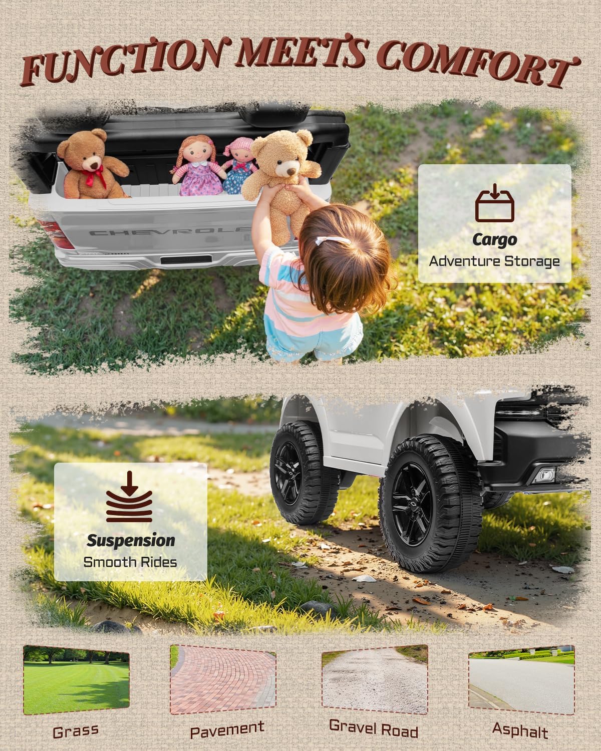 First Ride On 24V 2 Seater Ride on Car for Kids, Licensed Chevrolet Silverado Electric Car for Kids with Remote Control, Toddler Car with Bluetooth, LED Lights, Seat Belts and Spacious Design (White)