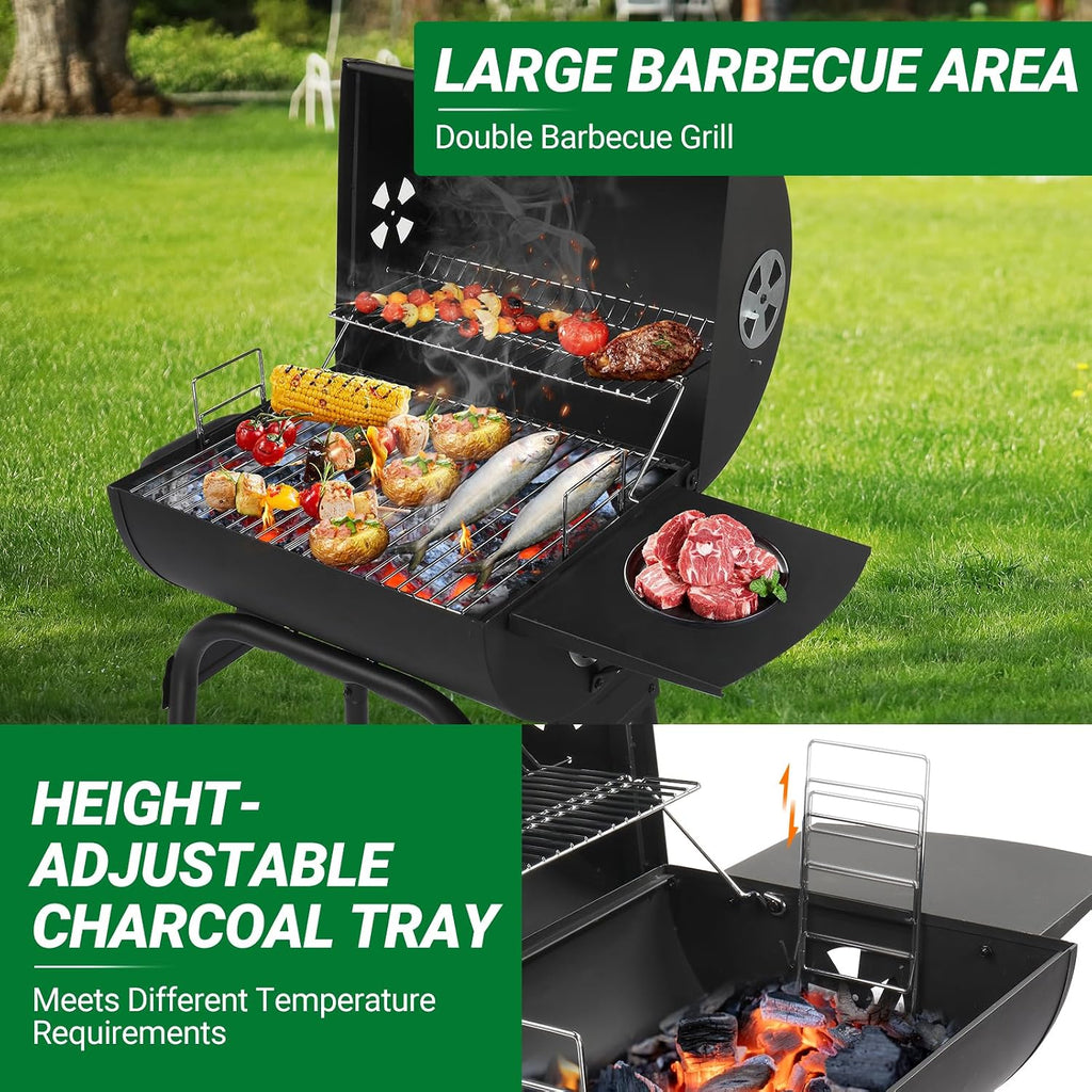 Charcoal BBQ Grill with Adjustable Charcoal Pan, Large Cooking Area, Air Dampers, Side Table, and Wheels, Portable Barbecue Grills for Outdoor Backyard, Camping, Patio Parties, and Picnics