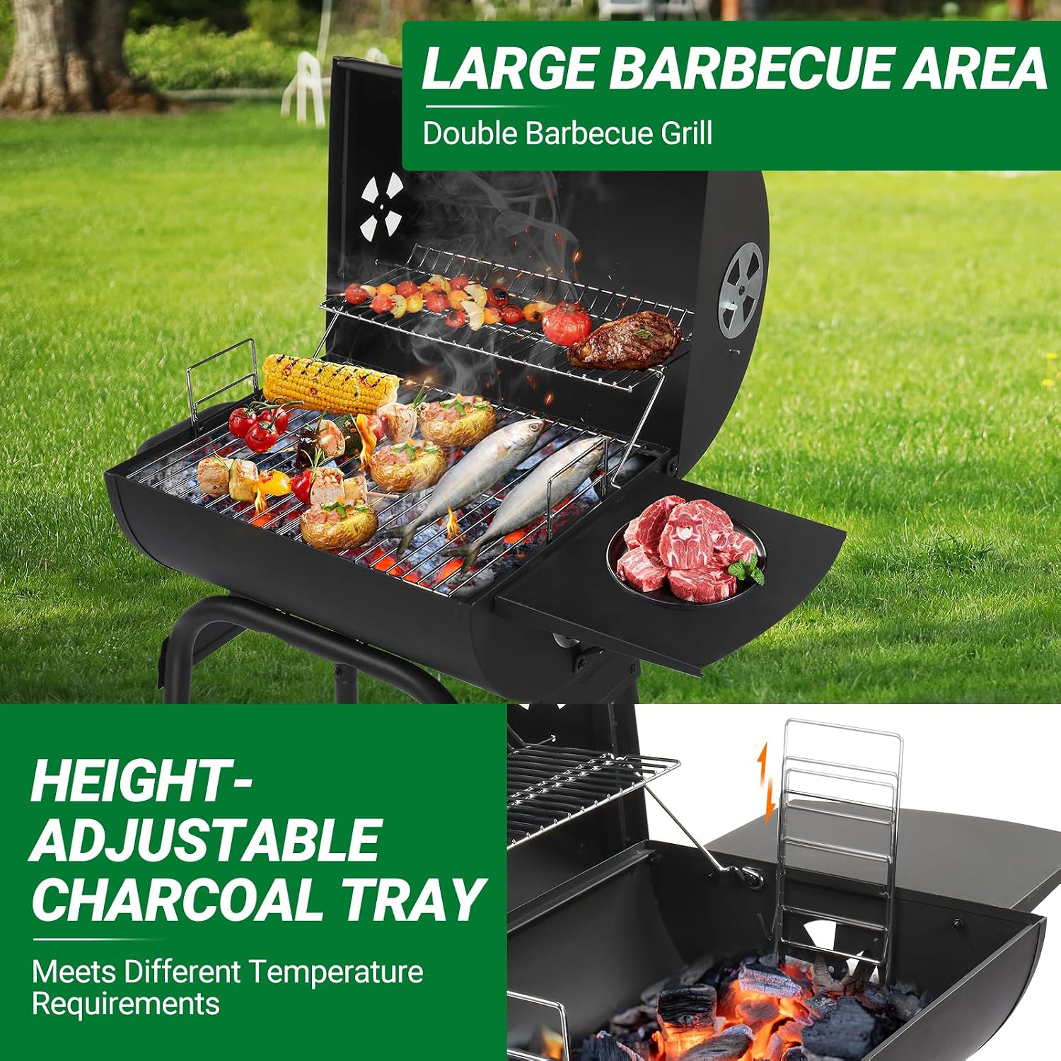 Charcoal BBQ Grill with Adjustable Charcoal Pan, Large Cooking Area, Air Dampers, Side Table, and Wheels, Portable Barbecue Grills for Outdoor Backyard, Camping, Patio Parties, and Picnics