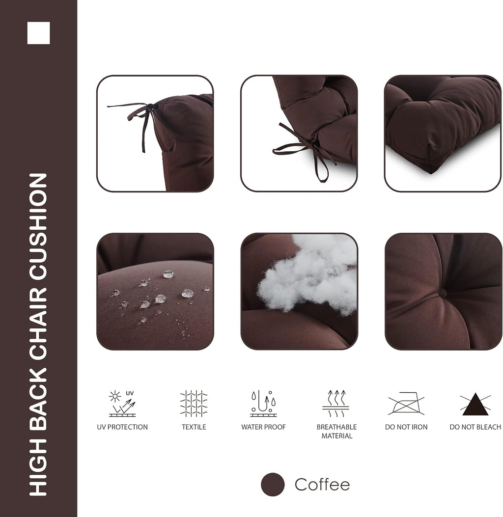 Outdoor Indoor High Back Chair Cushions Set of 4,Waterproof All-Weather Patio Adirondack Rocking Chair Cushions,Seat Back Chair Cushion for Outdoor Furniture with Ties,45x22 Inch, Coffee