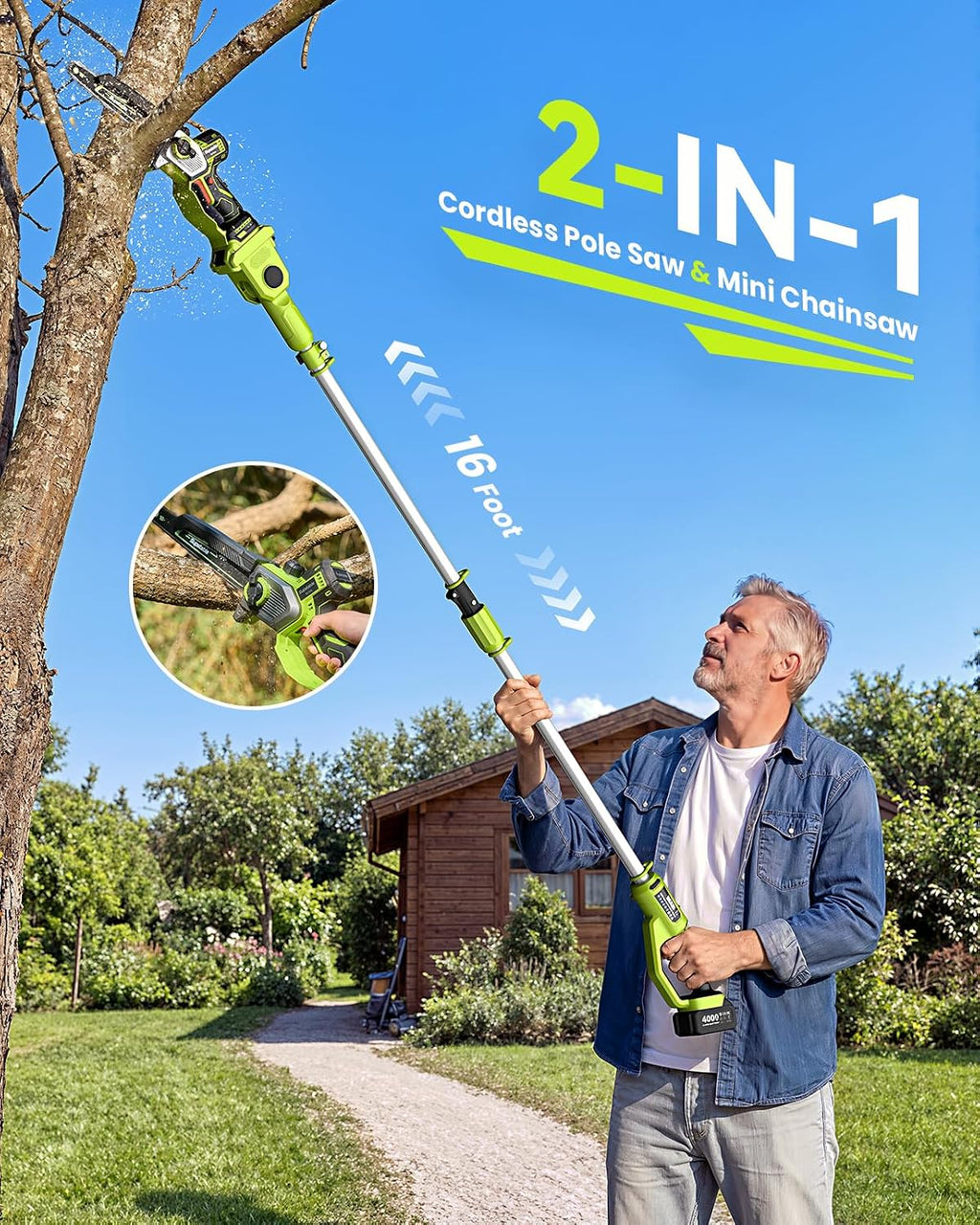 10 Inch Electric Pole Saws for Tree Trimming, 1000W Brushless Pole Saw and Mini Chainsaw 2 in 1, 2*4000mAh Battery, Lightweight Tree Saw with Extension Pole, 16Ft Max Reach Tree Trimmer Branch Cutter