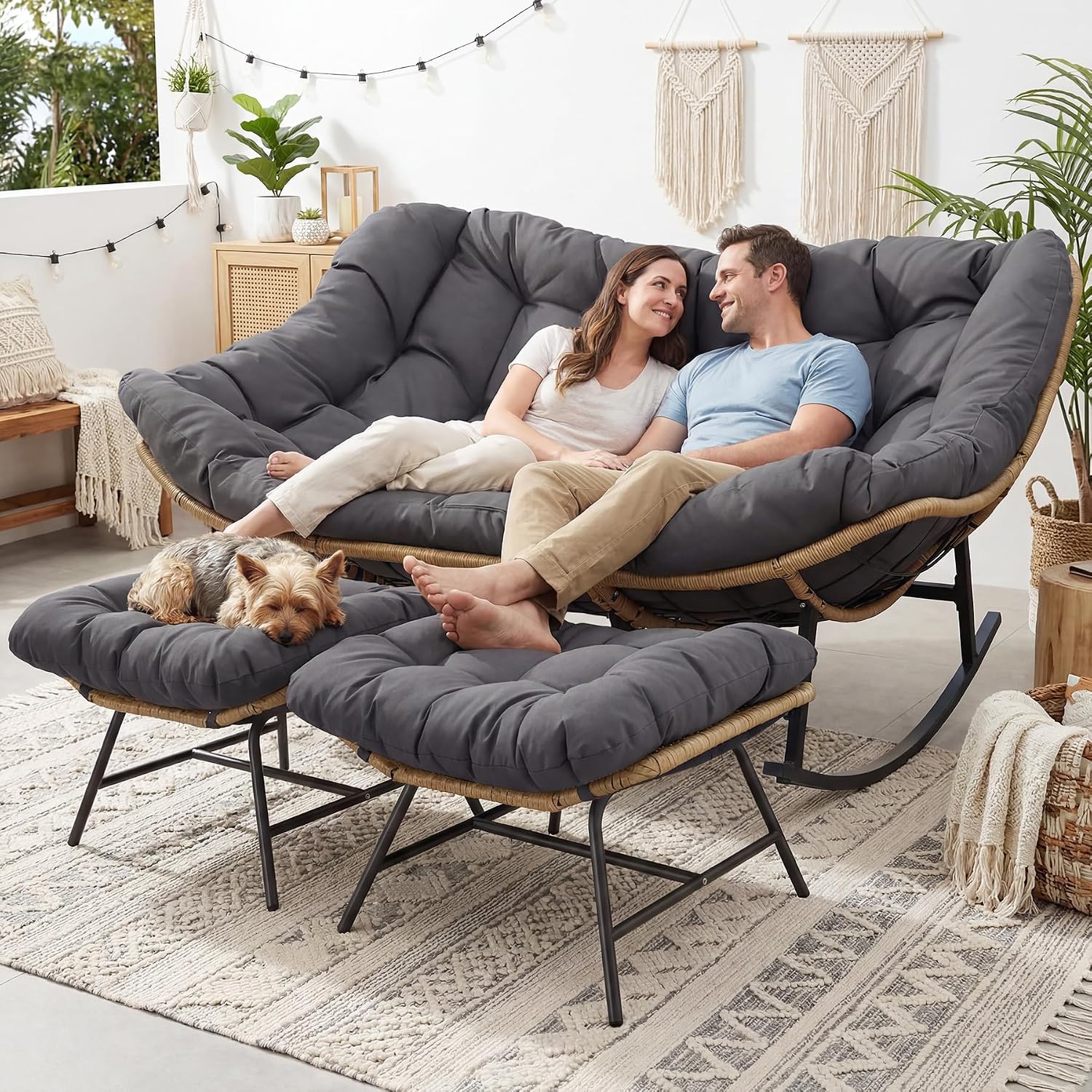 NICESOUL Oversized Double Rocking Papasan Chair with Cushion, 2 Person Big Wicker Outdoor Comfy Recliner, Large Heavy Duty 700 lbs Loveseat for Patio, Balcony, Backyard (Grey, 2 Seats w/Ottoman)
