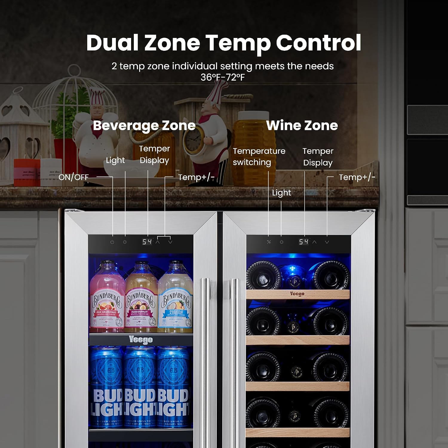 Yeego Wine & Beverage Refrigerator, 24 Inch 60 Cans and 20 Bottles Dual Zone Wine Cooler with Glass Door, 36-72°F Drink Cooler for Built-in or Freestanding, For Kitchen,Bar or Office