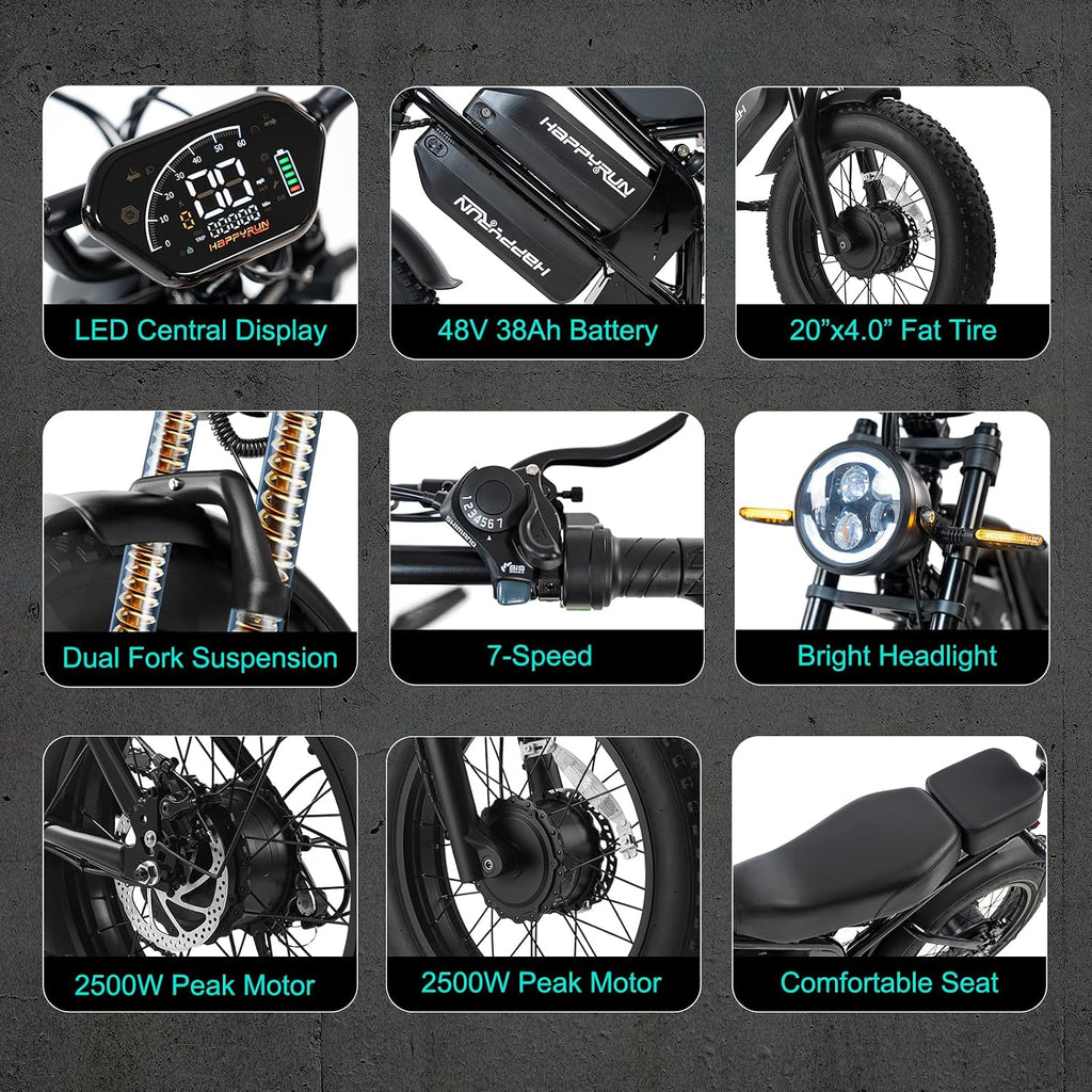 HAPPYRUN Dual Motor Electric Bike for Adults 5000W Peak Removable 38Ah Battery All-Terrain 20' Fat Tire Ebike 36MPH 85+ Miles Hydraulic Disc Brake Electric Dirt Bike G70 Pro