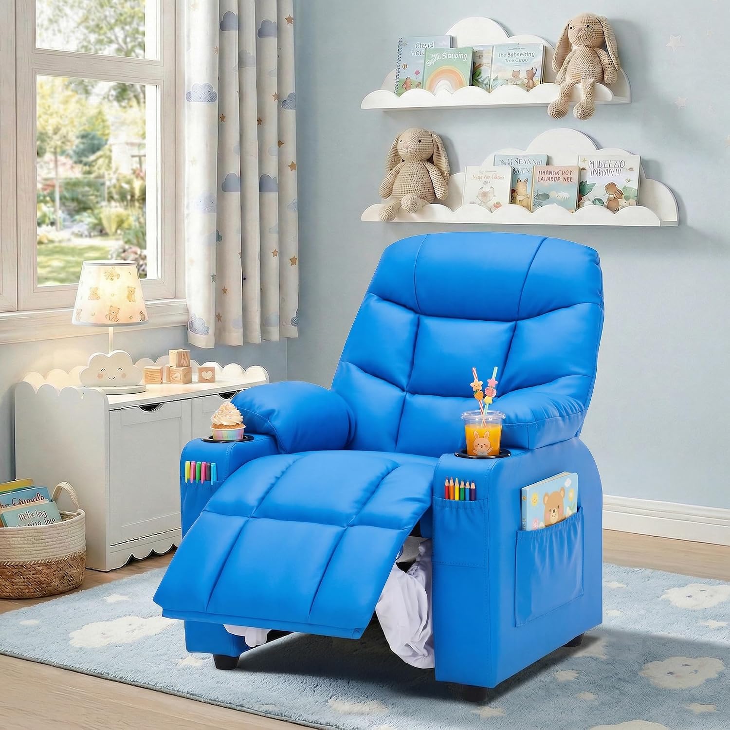 Donut Larger Kids Reclining Chair PU Leather Recliner Sofa Push Back Lounge Children Toddler Boys Girls Ages 3-12 with Dual Cup Holders and 4 Pockets