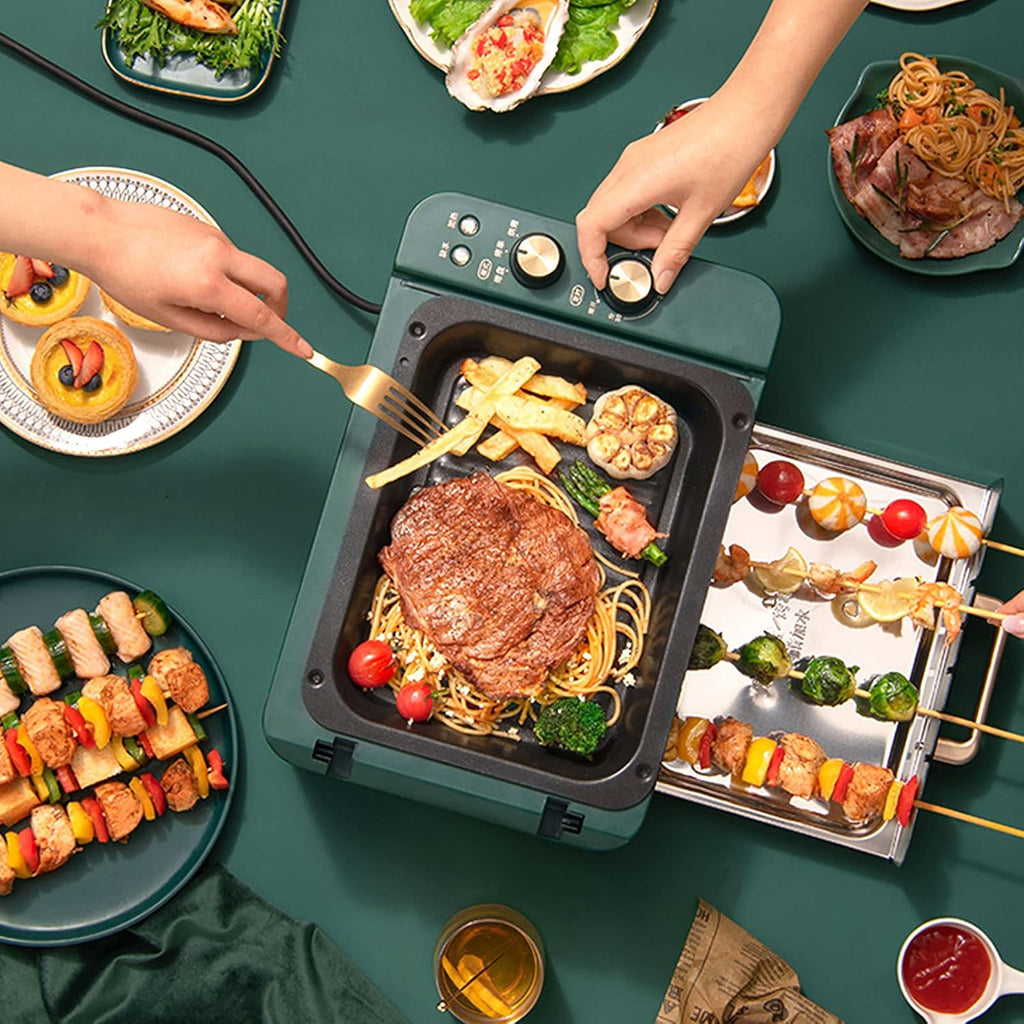 Electric Smokeless Portable BBQ Barbecue Grill Indoor Cooking Grill with Water Filled Drip Tray & Adjustable Temperature Control, Double Layer, Safe BBQ Griddle for Indoor, 3-6 Persons, 1000W
