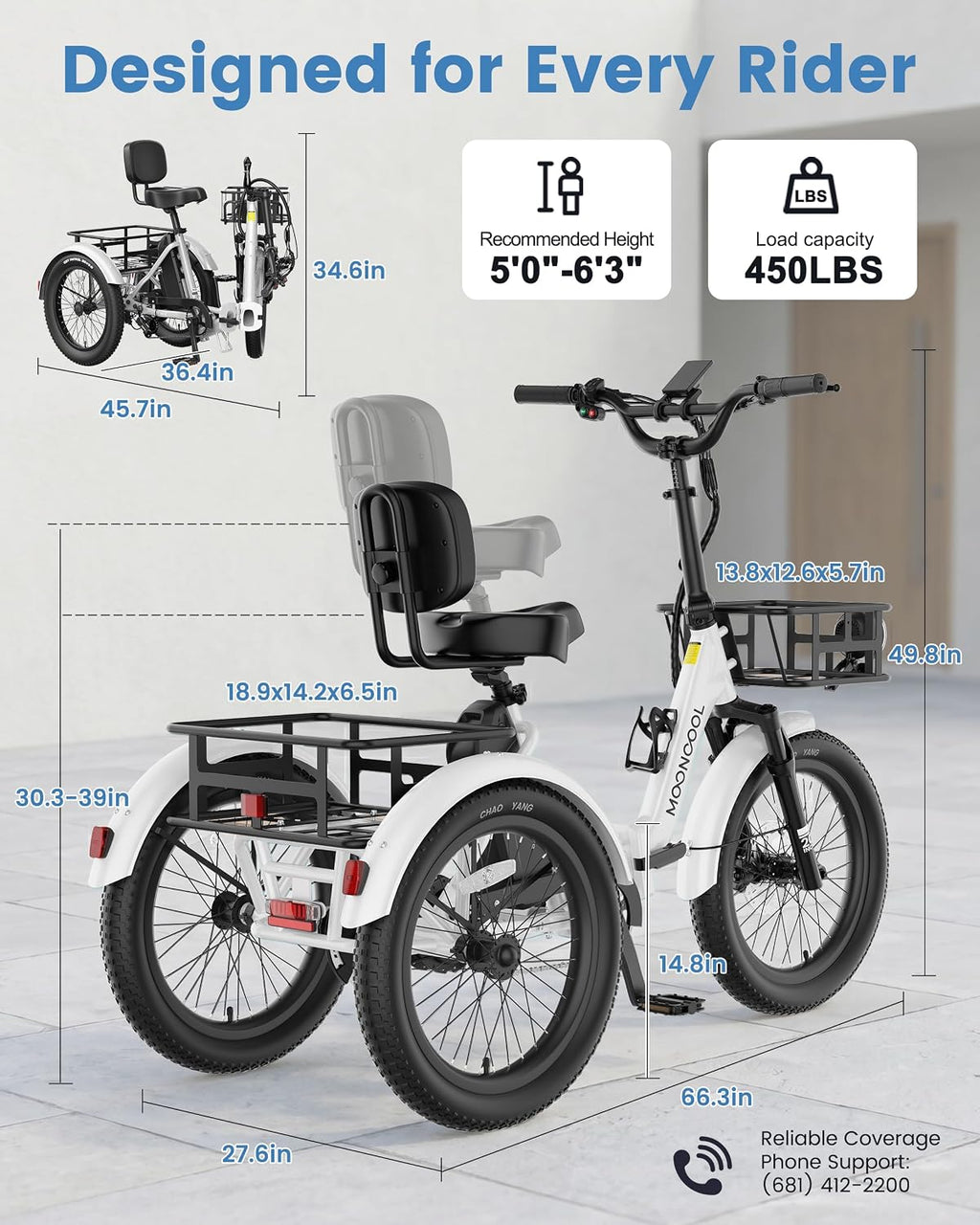 MOONCOOL Electric Trike for Adults, 500W/750W 48V Electric Tricycle for Adults, 20'x3.0' Fat Tire 3 Wheel Electric Bike, Folding Aluminum Adult Tricycle with Removable Battery