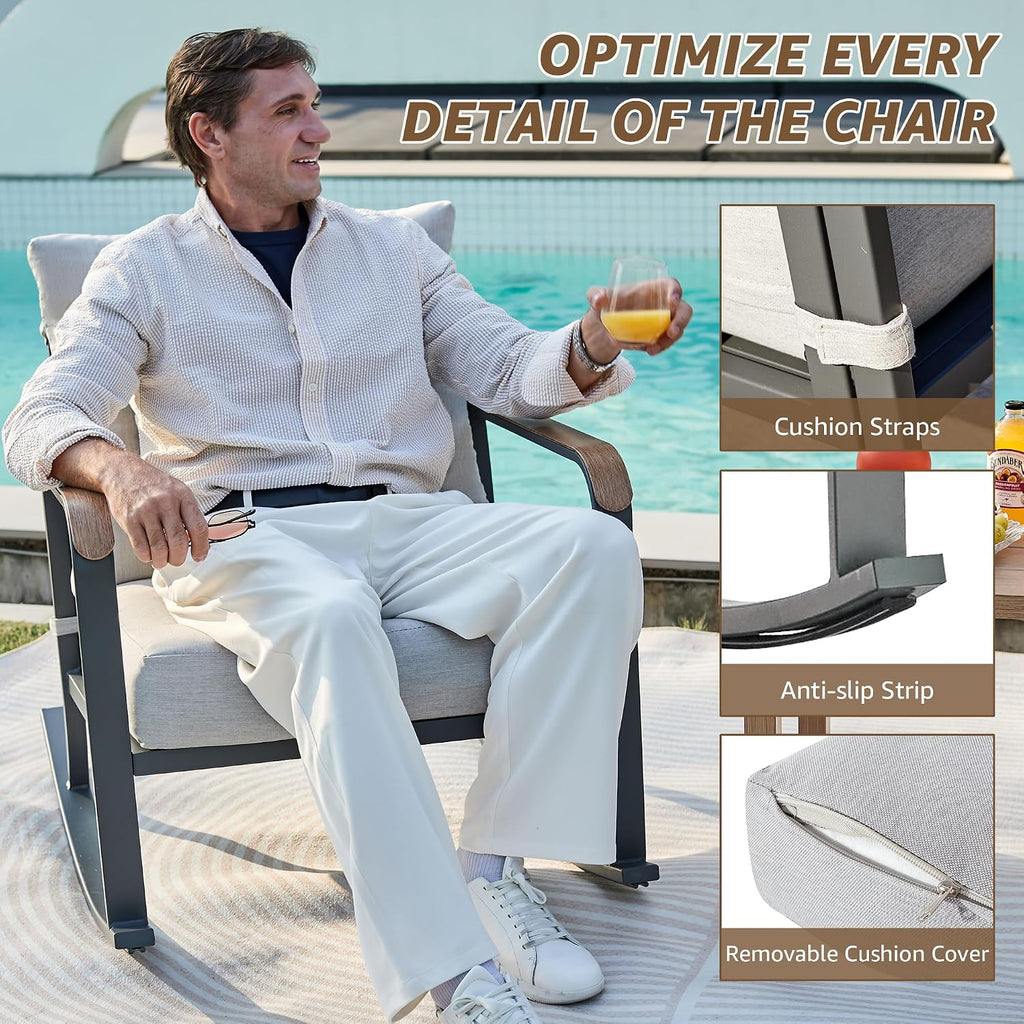 NATURAL EXPRESSIONS Glider Rocking Chair Bistro Set, 3 Pieces Outdoor Patio Furniture Conversation Set with 2 Rocker Chairs, 1 Table and Thick Cushions for Backyard, Porch, Balcony, 350lbs, Grey.