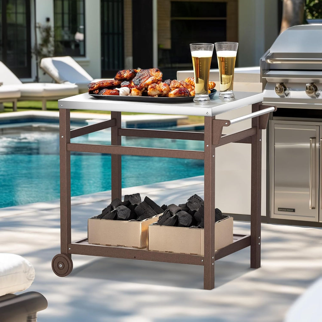 TORVA Outdoor Prep Grill Carts, 303 Stainless Steel Tabletop with High Load Capacity Portable BBQ Table, HDPE Durable Frame 2-Tier Storage Cart, Brown