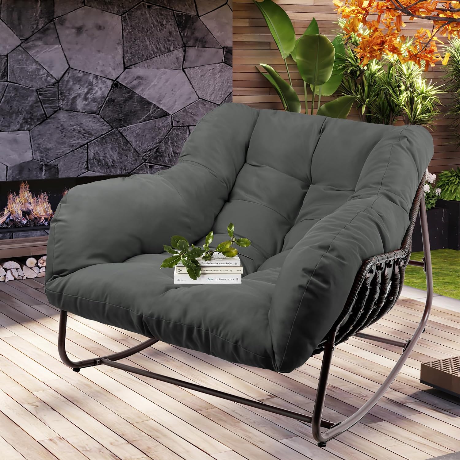Outdoor Papasan Rocking Chair, Oversized Patio Rocking Chairs with Padded Cushion& Pillow-Comfortable Rocker Egg Chair for Front Porch, Garden, Patio, Backyard,2PC,Grey