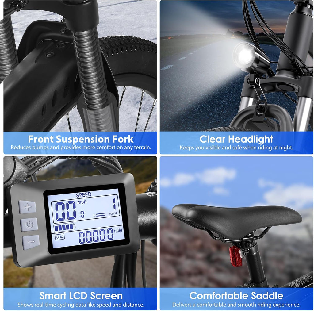 Electric Bike for Adults, 26' Ebike with 1000W Peak Motor, 20MPH 50Miles Electric Mountain Bike with 48V Removable Battery, 7-Speed, Front Suspension, LCD Display, UL 2849 Certified