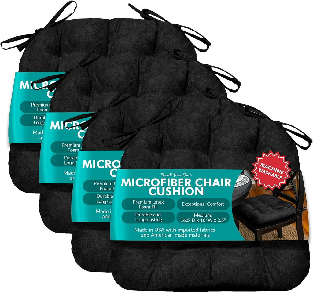 Barnett Home Decor Microsuede Dining Chair Cushions with Ties, 16.5 x 18 Inches, Pack of 4 – Machine Washable, Reversible with Plush Latex Foam Fill for Comfortable Seating – Black