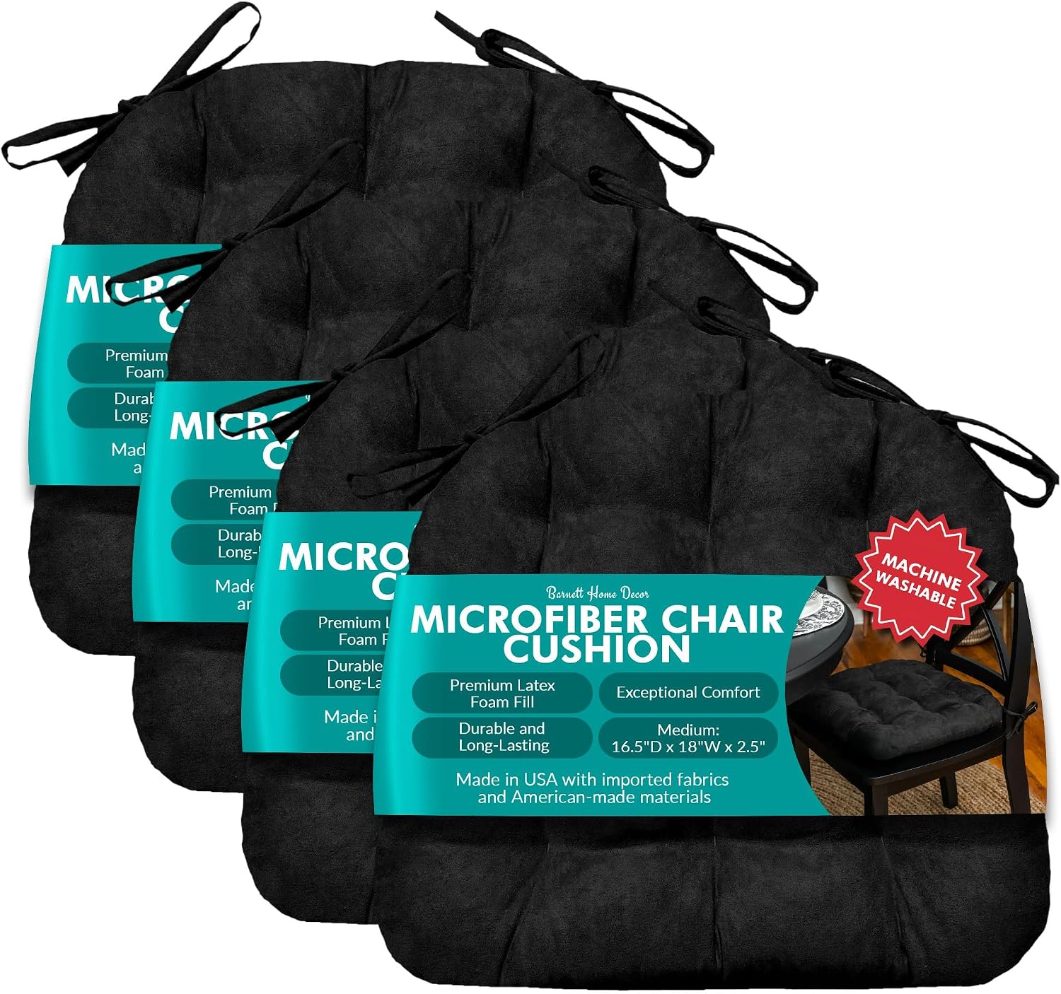 Barnett Home Decor Microsuede Dining Chair Cushions with Ties, 16.5 x 18 Inches, Pack of 4 – Machine Washable, Reversible with Plush Latex Foam Fill for Comfortable Seating – Black