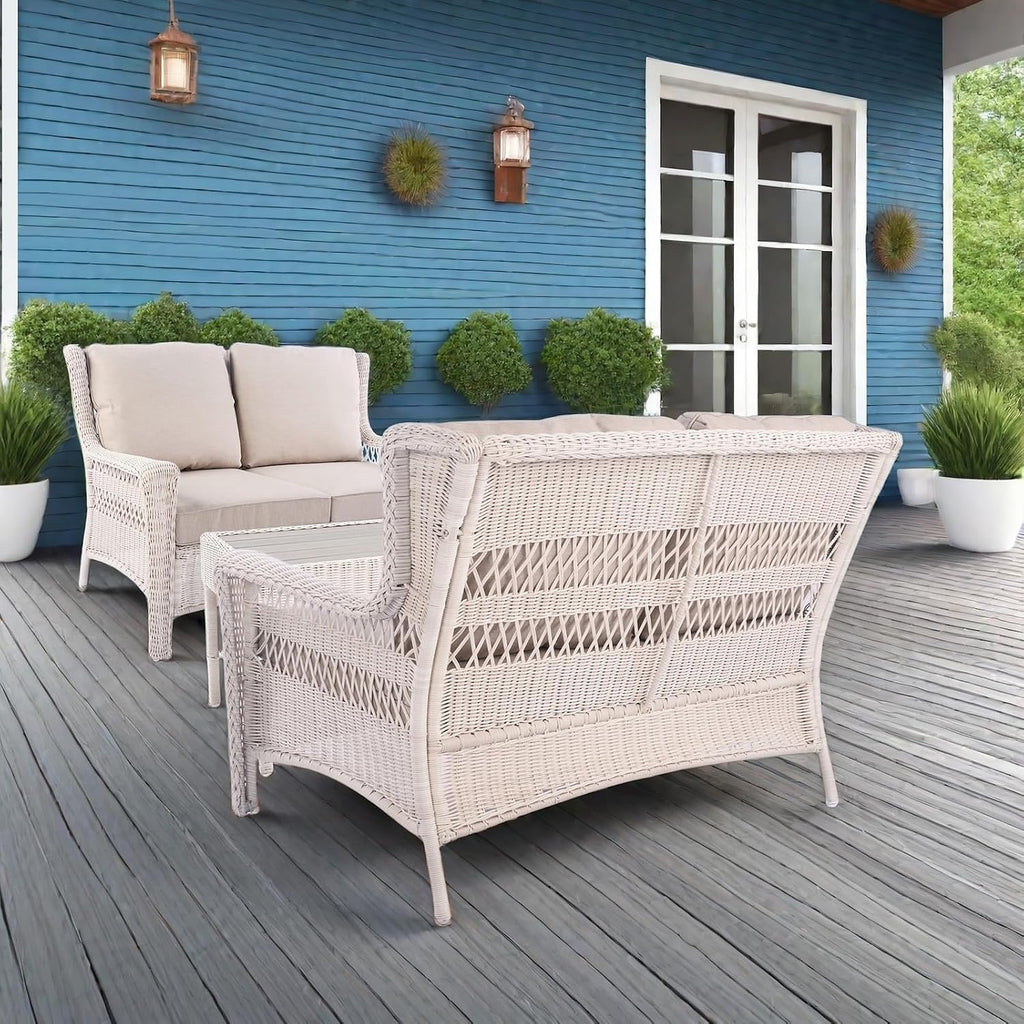 Park Meadow Outdoor Wicker Loveseat Sofa with Waterproof Cushions, All-Weather HDPE Rattan Patio Sofa, Taupe Beige | Breathable Cover, High Density Cushion, Durable HDPE Wicker