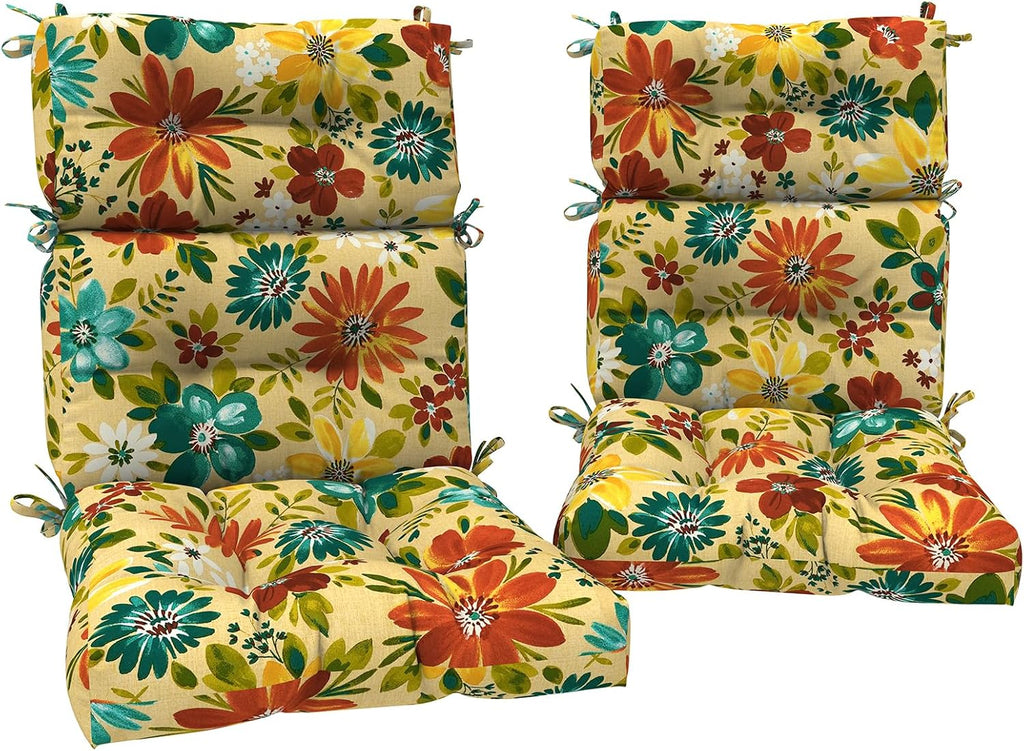 DYTXIII Outdoor High Back Chair Cushions Set of 2, Water Repellent Tufted Rocking Seat Cushions Replacement 44 x 22 Inch, Seat & Back Chair Pads for Patio, Balcony and Indoor Use -Flower Multi
