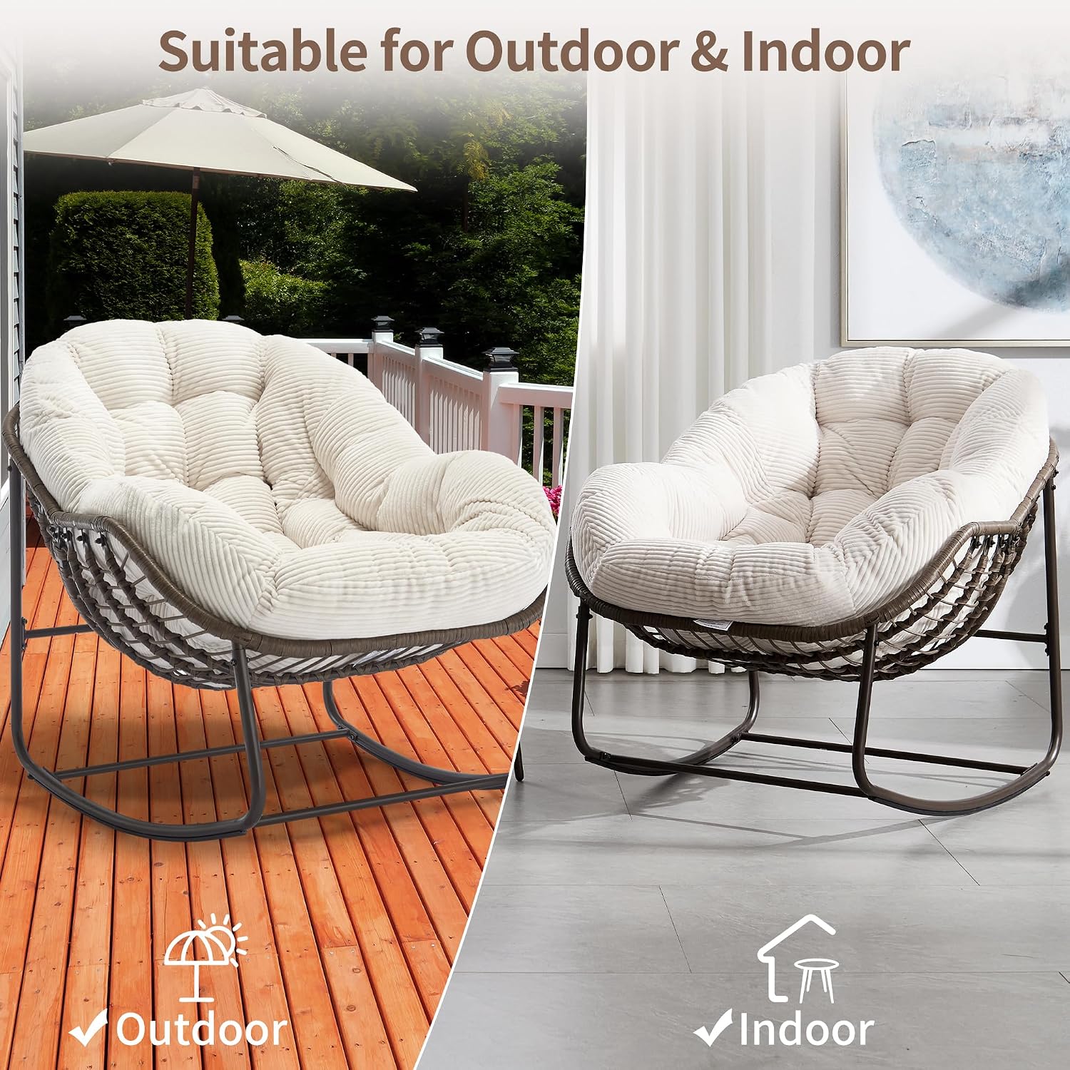 HOMEFUN Outdoor Patio Rocking Chairs Set of 2, Oversized Papasan Rock Chair Indoor with Striped Velvet Padded Cushion - Rocker Egg Seat for Front Porch, Garden, Patio, Backyard White