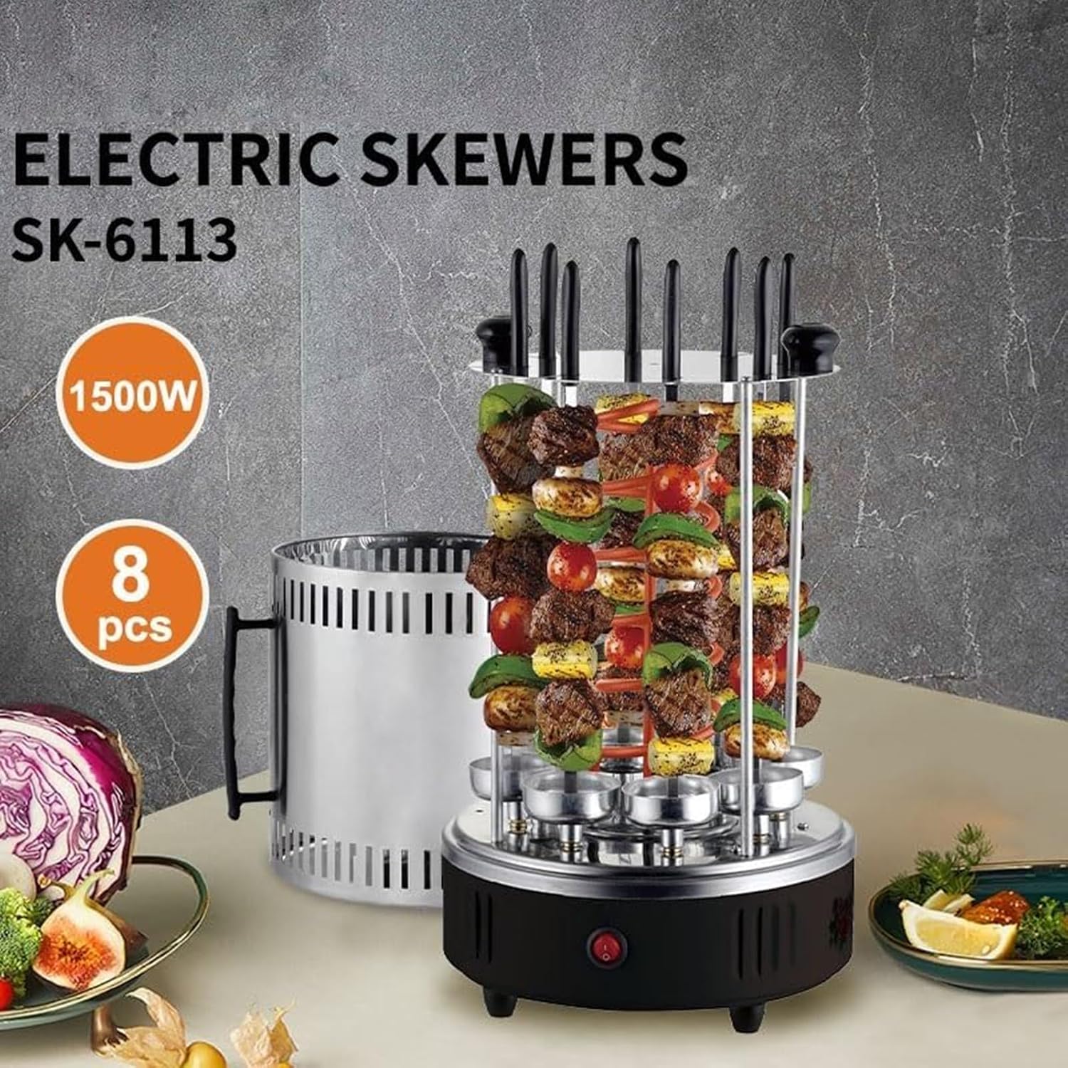 Electric Vertical Rotisserie Grill, Smokeless BBQ Rotating Rotisserie with Timer, Automatic Grill for Kebabs, 8 Forks Included, Perfect for Outdoor Cooking and Family Gatherings