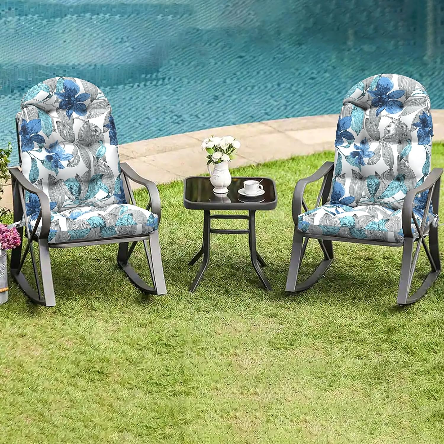 LVTXIII Outdoor Adirondack Chair Cushions, 44x19x4 Inch Non-Slip High Back Rocking Chair Cushion, Tufted Seat Cushion for Patio Furniture, Set of 2, Clemens Noir Blue