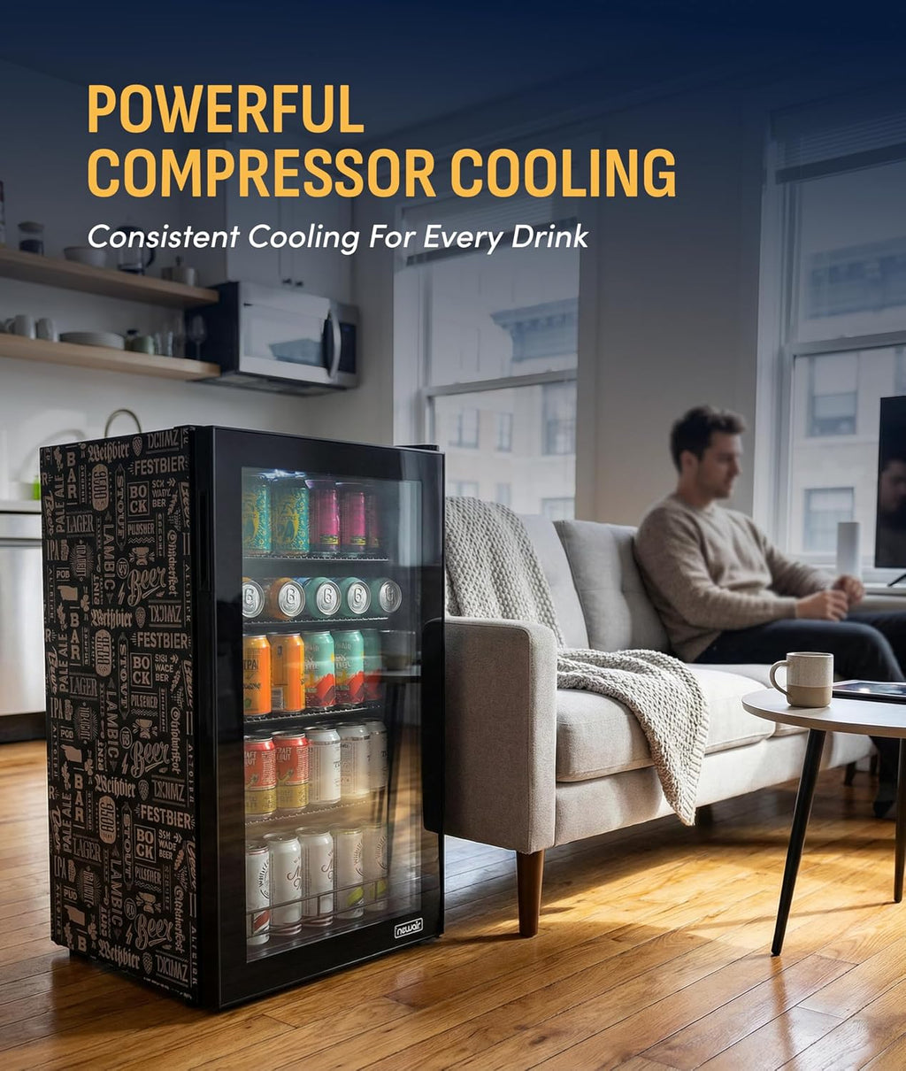 NewAir 126 Can Beverage Refrigerator | Freestanding Mini Fridge for Home Bar or Office | SplitShelf Storage, 32°F Cooling & LED Lighting | 'Beers of the World' Design