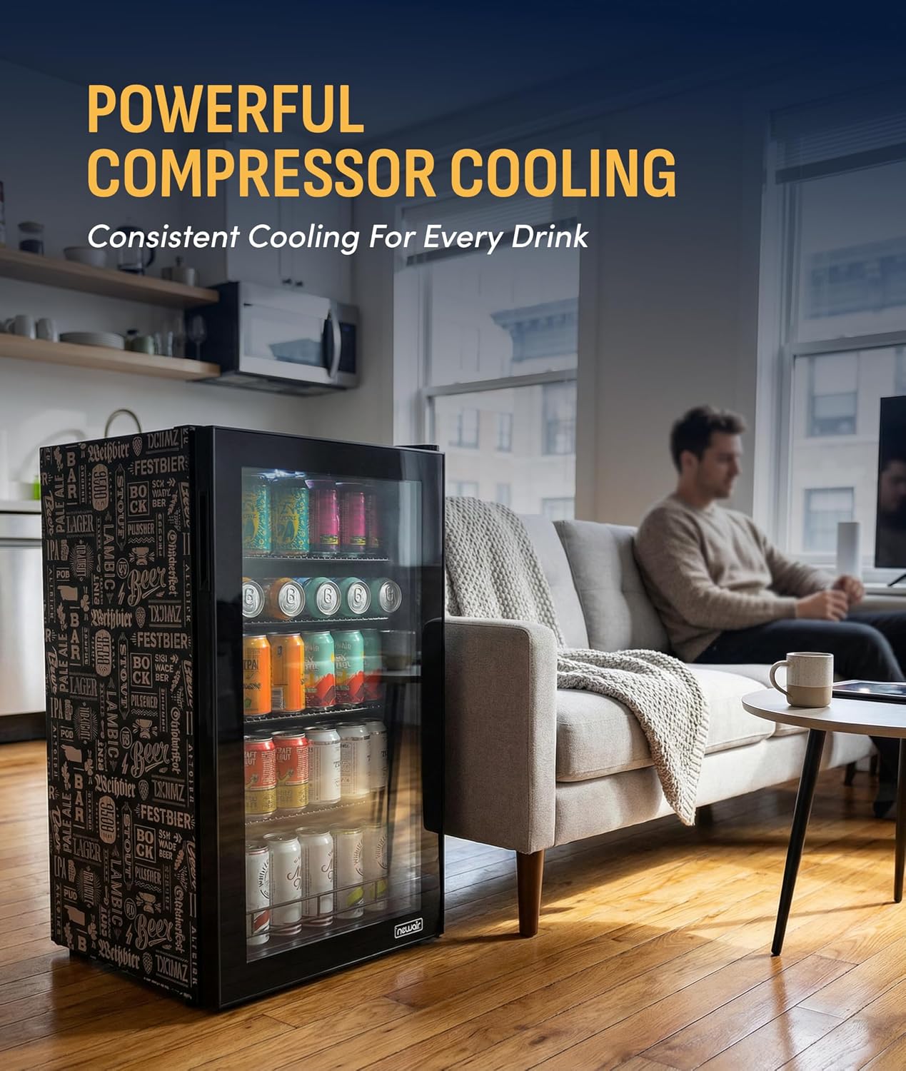 NewAir 126 Can Beverage Refrigerator | Freestanding Mini Fridge for Home Bar or Office | SplitShelf Storage, 32°F Cooling & LED Lighting | 'Beers of the World' Design