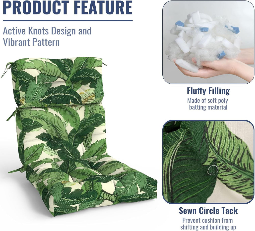 Outdoor High Back Patio Chair Cushions, Tufted Rocking Chair Cushions, Adirondack Cushions for Garden Porch Home Office Chairs Use, 44' x 22' x 4', 2 Pack, Swaying Palms Green