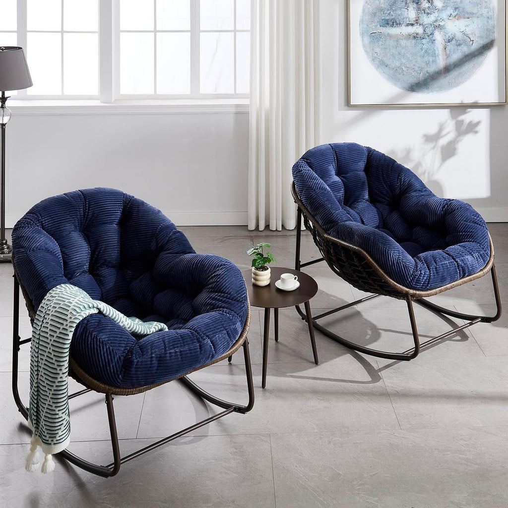 Rattan Rocking Chair for Indoor Outdoor Patio Oversized Wicker Egg Chair with Steel Frame Corduroy Padded Cushion Rocker Recliner Chair Comfy Lounger Papasan Chair for Living Room Garden, Navy Blue