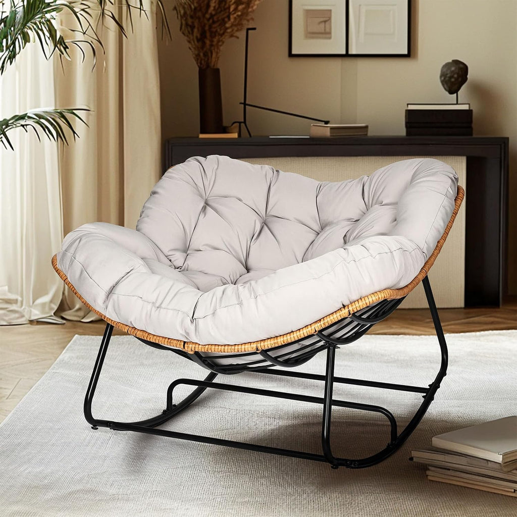 Papasan Chair, Outdoor Rocking Chair with Cushion, 450LB Heavy Duty Egg Chair, Indoor Outdoor Patio Rocking Chairs for Balcony, Porch, Living Room, Bedroom, Lawn, Garden (Light Gray.)