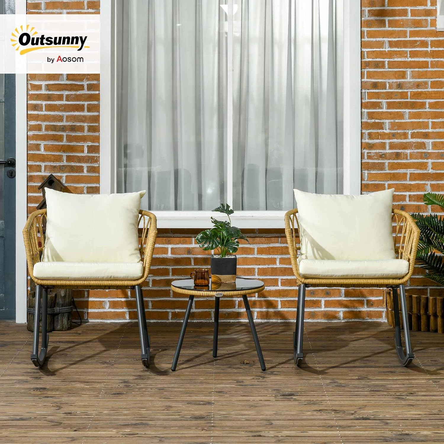 Outsunny Wicker Outdoor Rocking Chair Set, 3 Piece Patio Bistro Set with 2 Porch Rocker Chairs, Glass Top Coffee Table and Cushions, Patio Conversation Set for Balcony, Backyard, Cream White